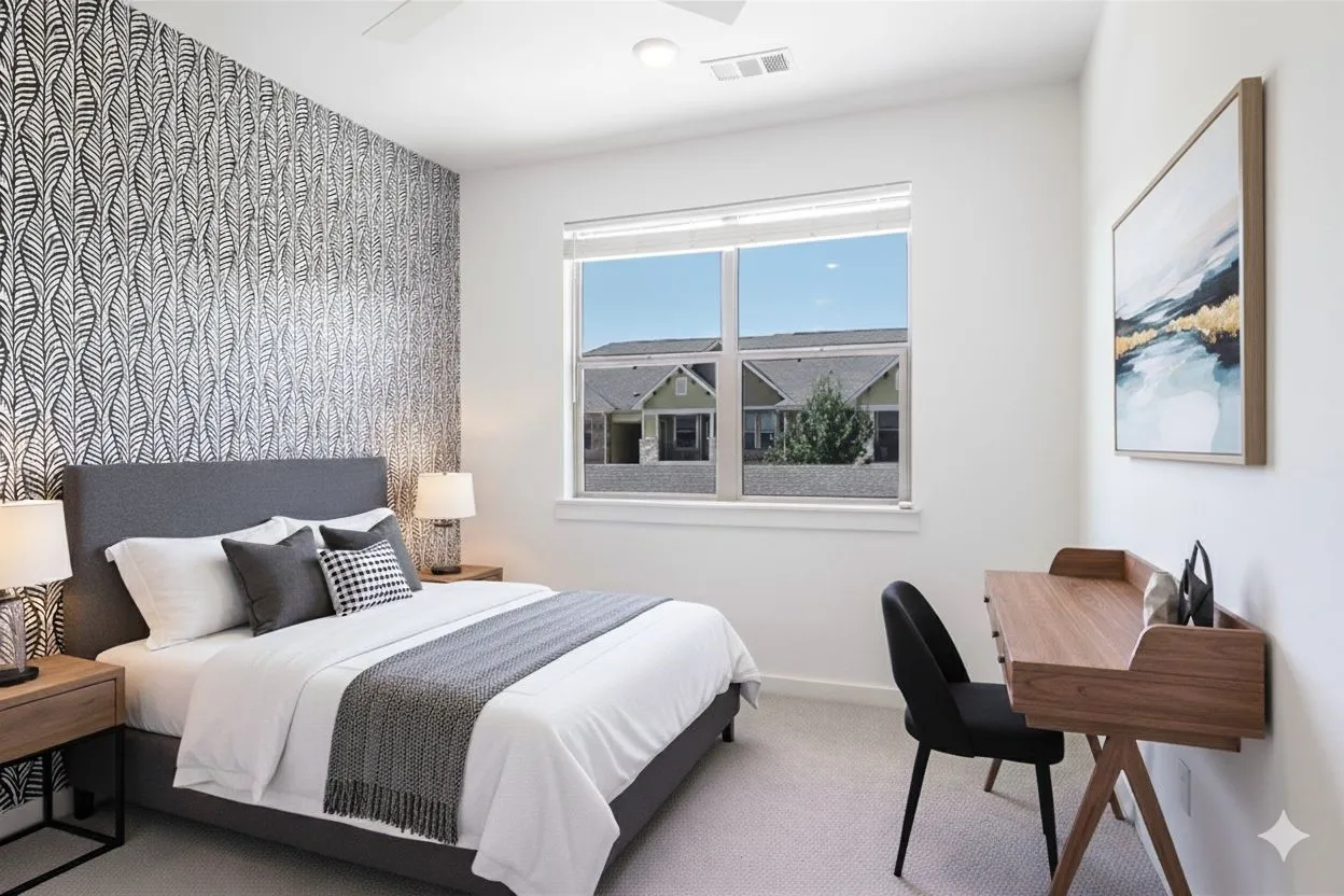 Carpeted bedroom with an accent wall, a ceiling fan, and wallpapered walls