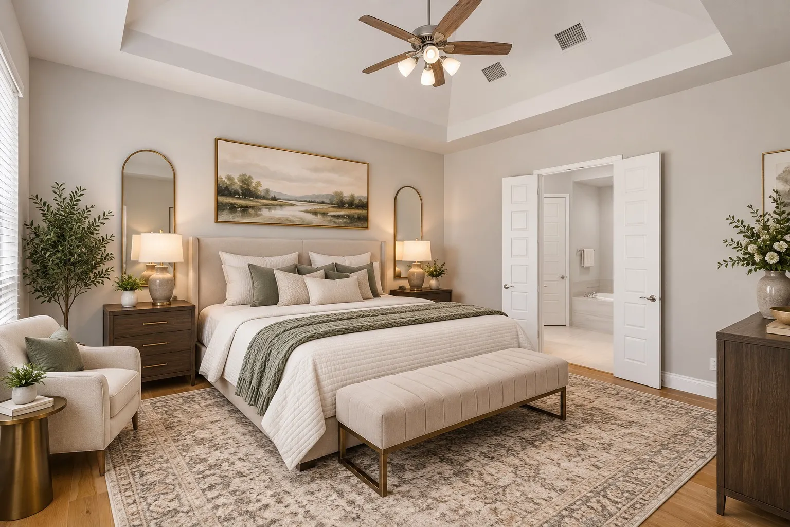 Virtually staged primary bedroom suite