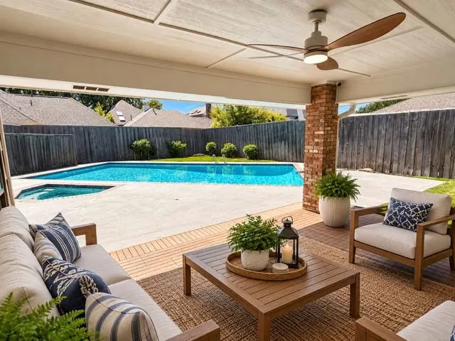 Staged Covered patio with a paneled ceiling and ceiling fan