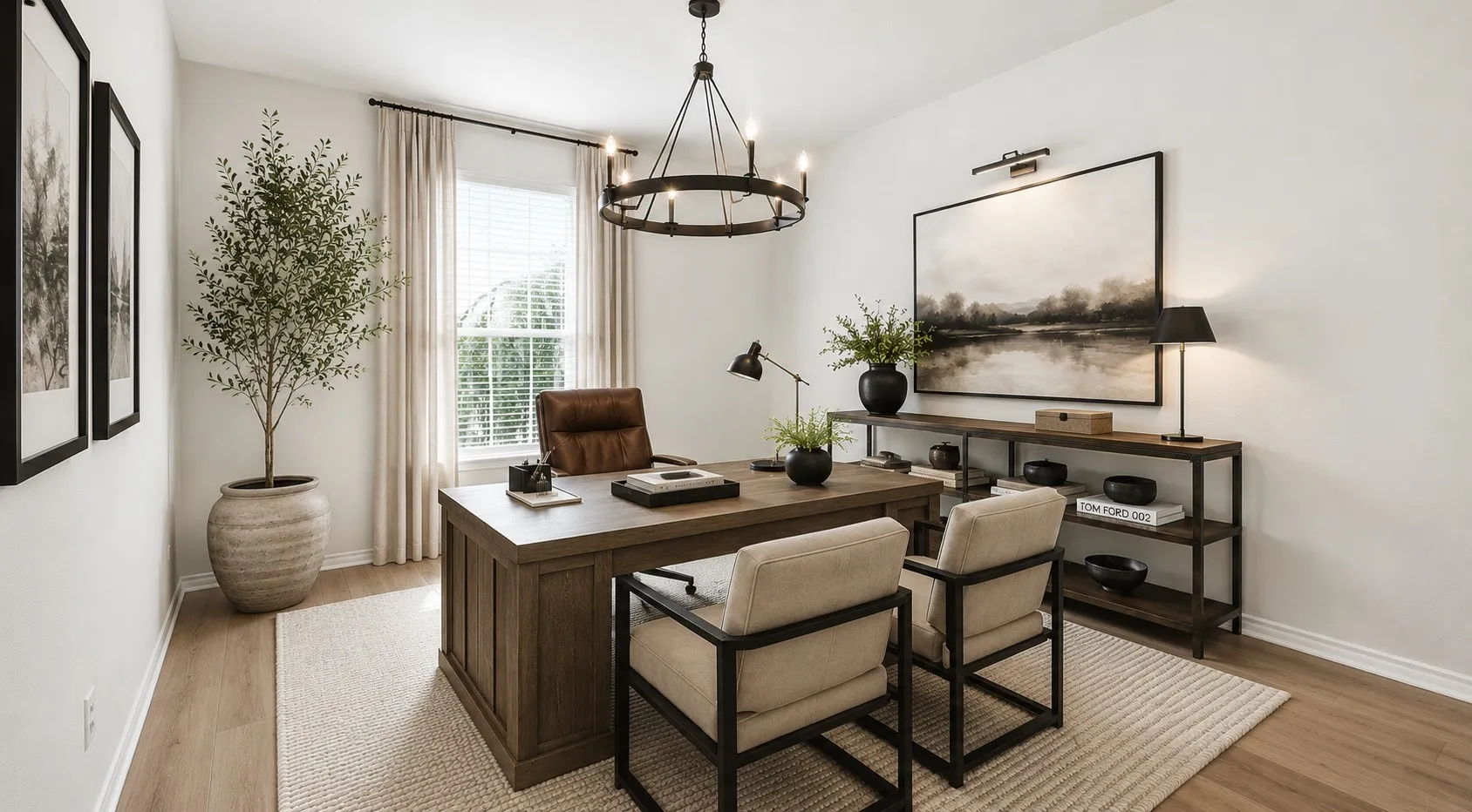 Dedicated study with wood-finish flooring, a large window, a built-in wooden desk, and a decorative chandelier