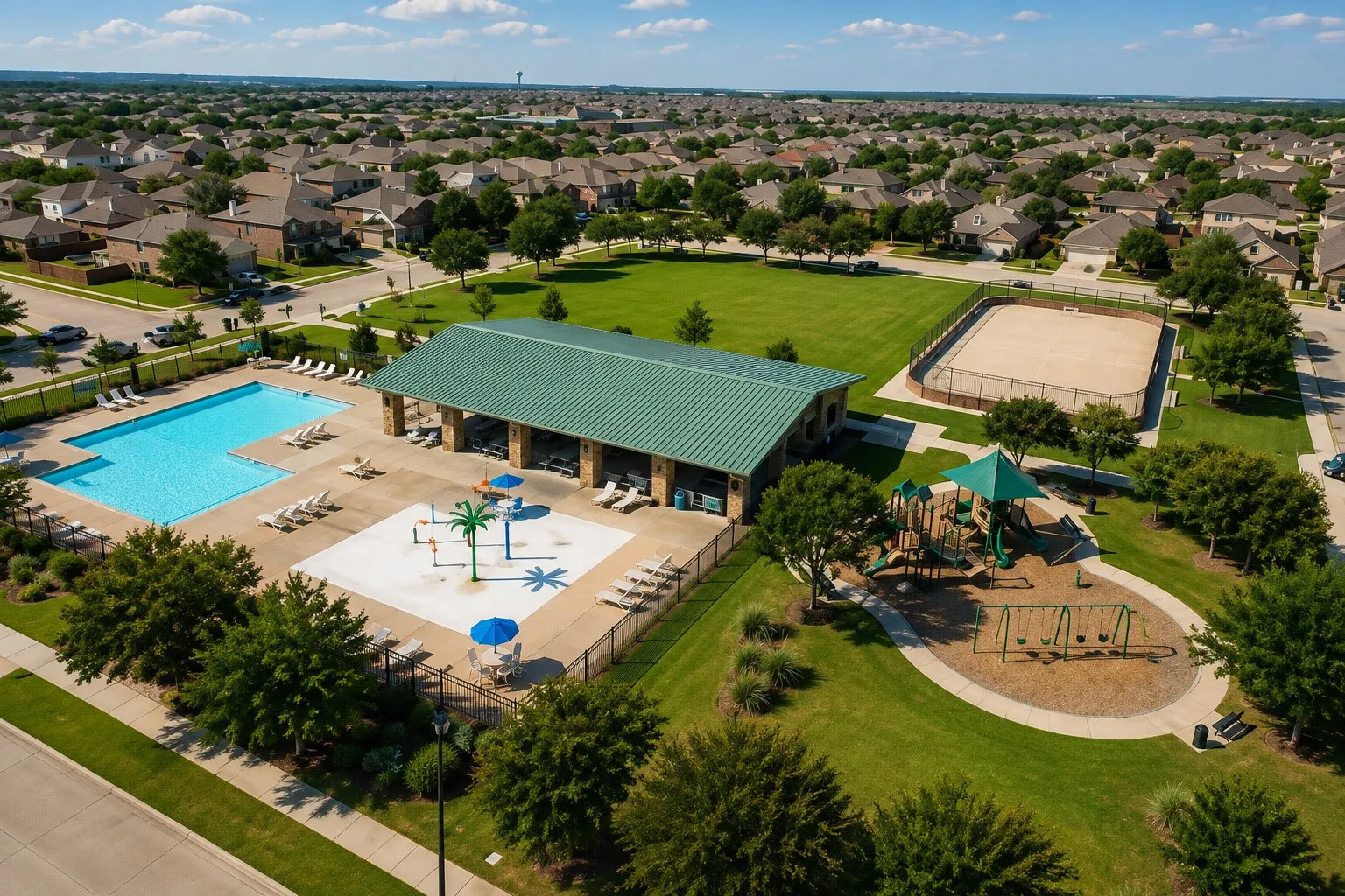 Community amenities featuring an outdoor swimming pool, splash pad, covered pavilion, large playground, and sport court