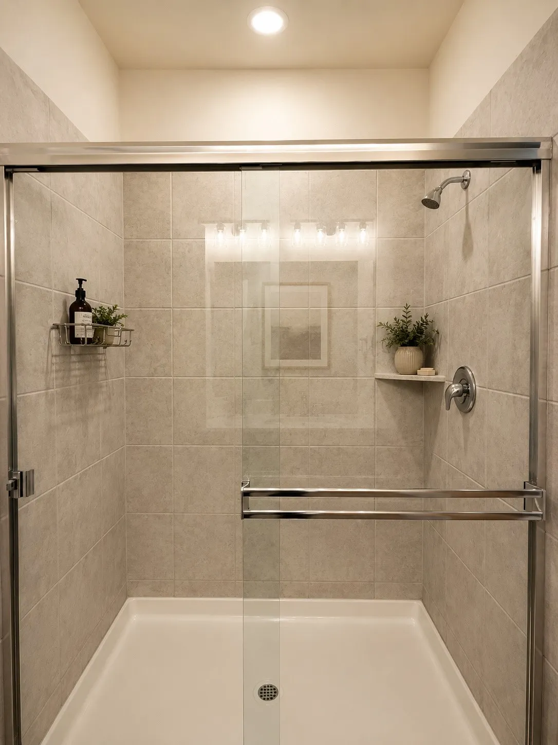 Tiled shower enclosure with a glass sliding door, built-in shelving, and a chrome shower head