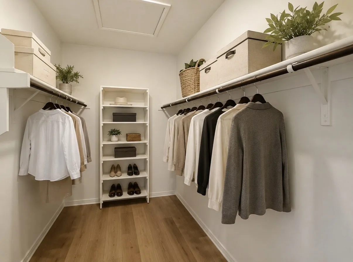 Walk-in closet featuring wood-finish flooring, built-in shelving, and multiple hanging rods