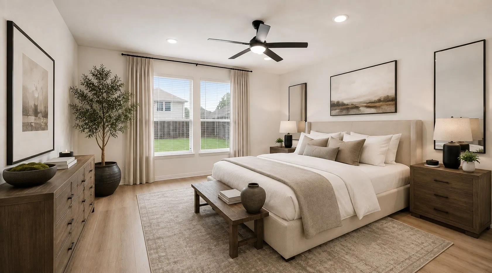 Wood-finish flooring, recessed lighting, ceiling fan, multiple windows with blinds, and a neutral color palette