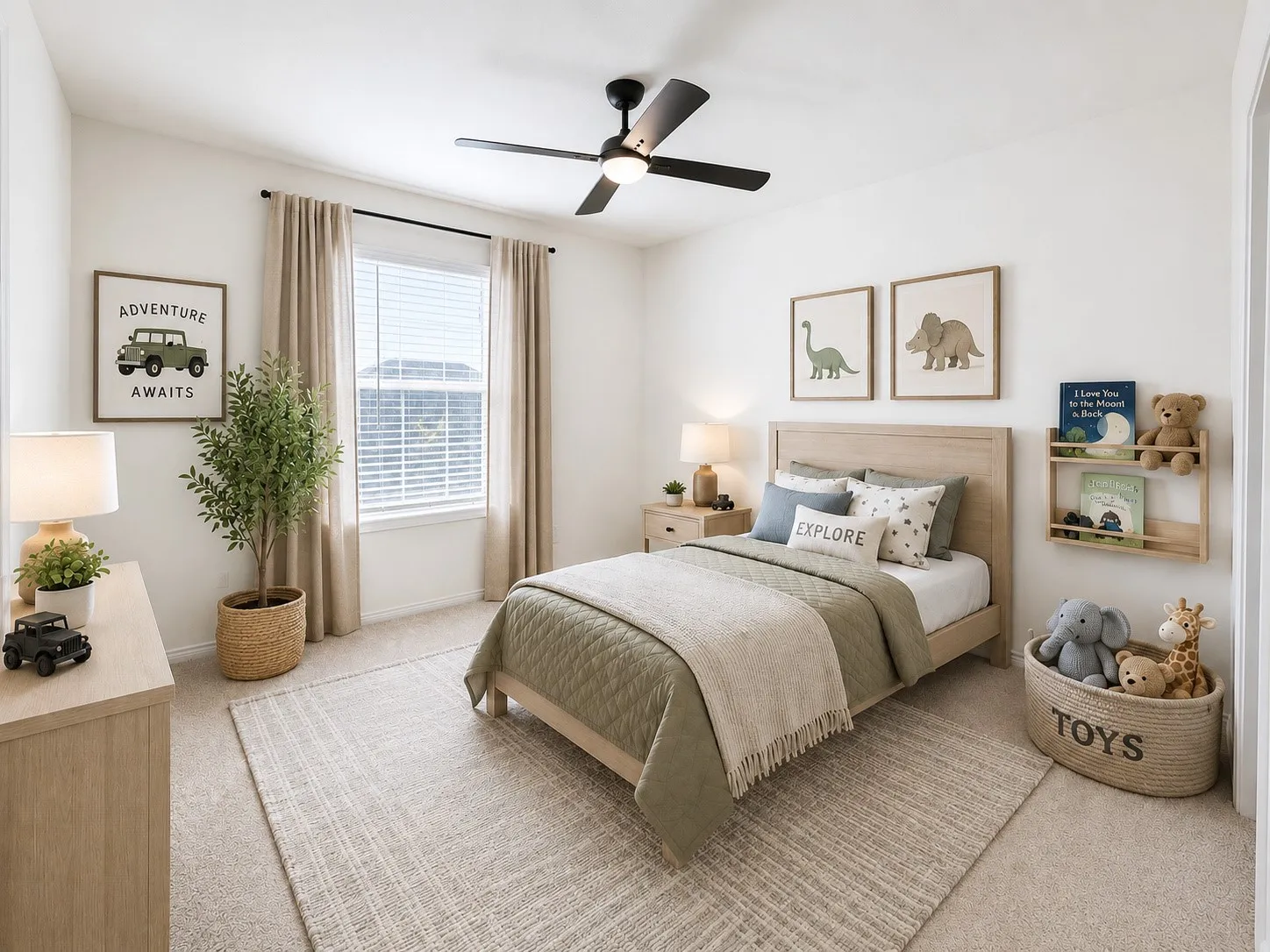 Neutral wall paint, window with blinds, recessed lighting, ceiling fan, and carpeted flooring