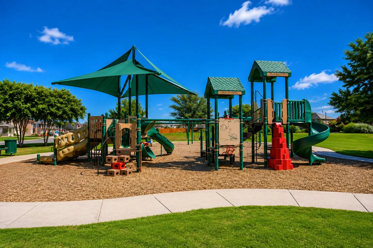 Community playground featuring multiple slides, climbing structures, and protective overhead shading