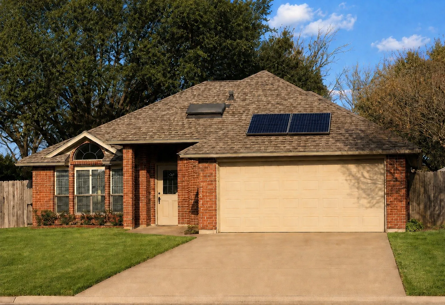 Brick facade residence with a pitched shingle roof, integrated solar panels, an attached two-car garage, and a concrete driveway