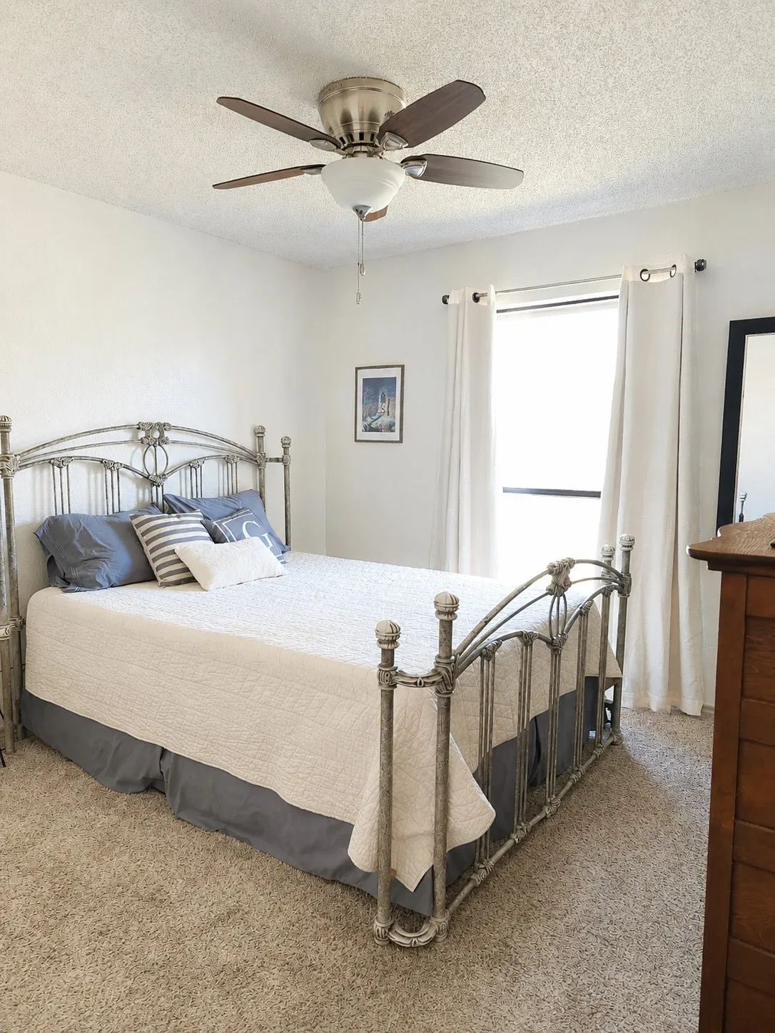 Textured wall-to-wall carpeting, window with roller shade, and ceiling fan with integrated lighting