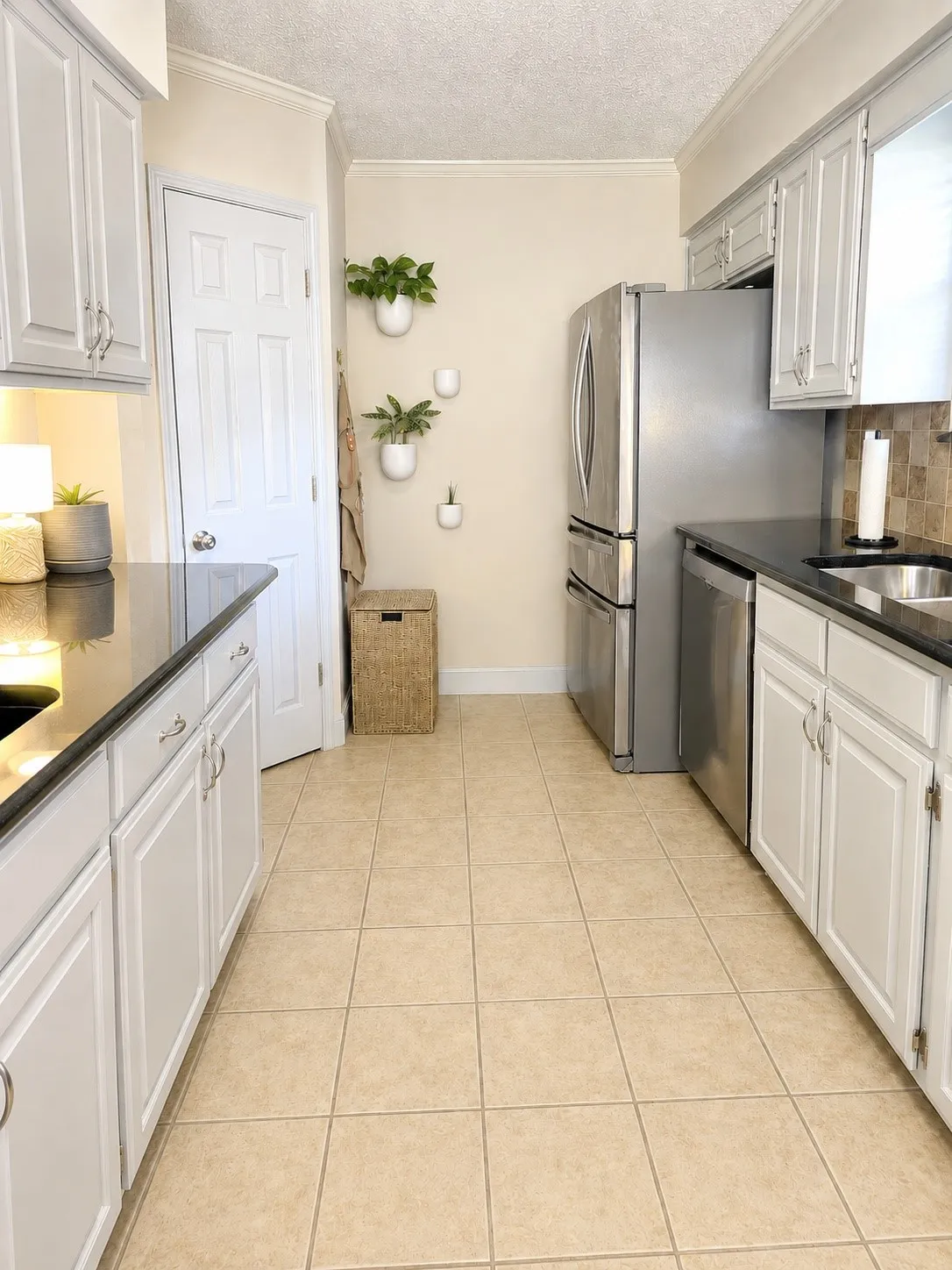 Kitchen featuring white cabinetry, dark countertops, a tile backsplash, stainless steel appliances, and neutral-toned tile flooring