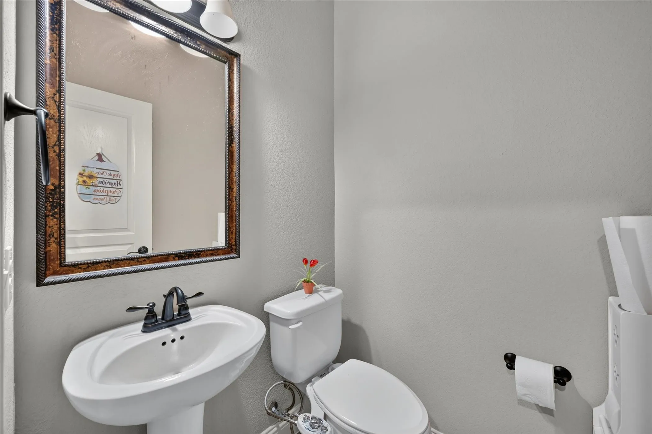 Pedestal sink with dark-toned fixtures, rectangular framed mirror, and mounted vanity lighting