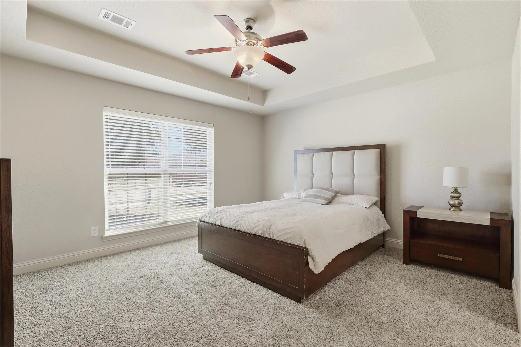 Tray ceiling with a ceiling fan, large window with blinds, and light-colored carpeting