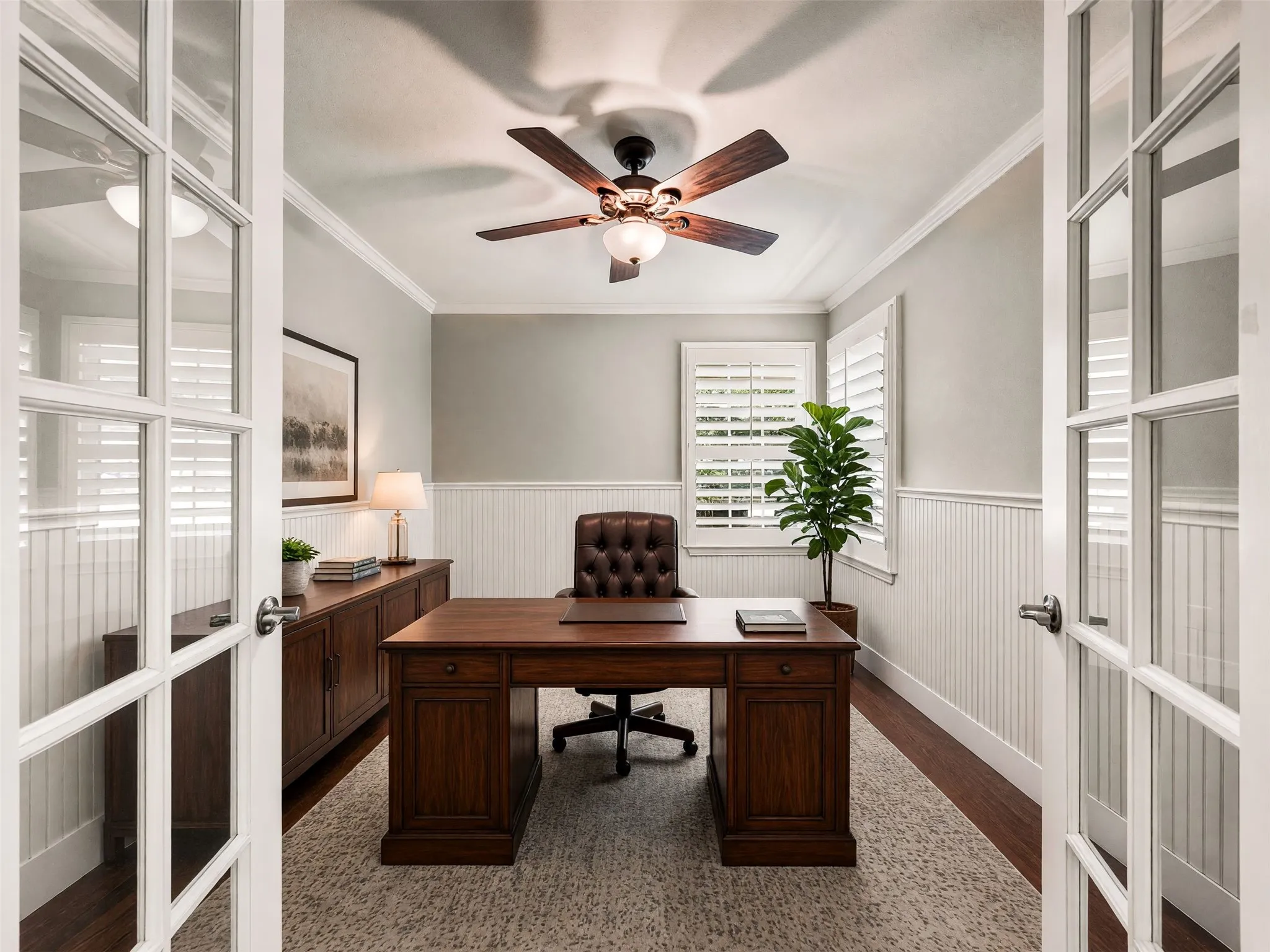 Office with a view of the pool