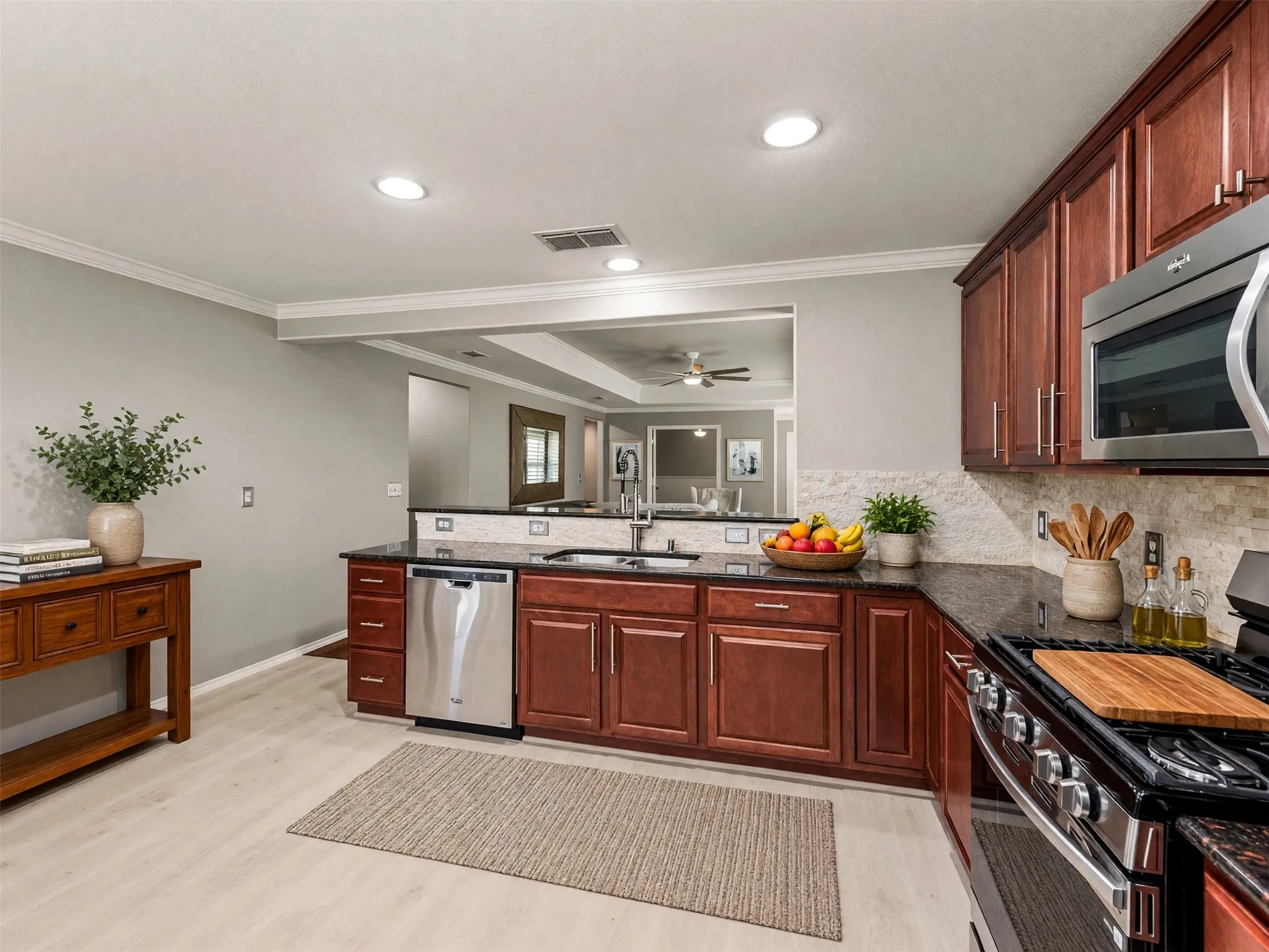 Granite countertops and stainless steel appliances