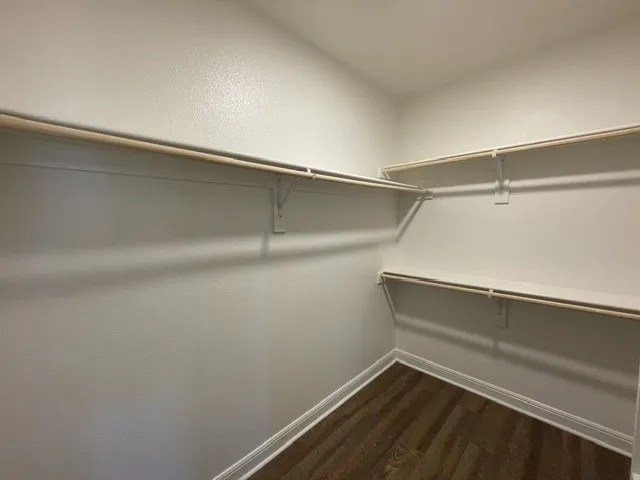 Walk-in closet with wood-finish flooring, white walls, built-in shelving, and hanging rods