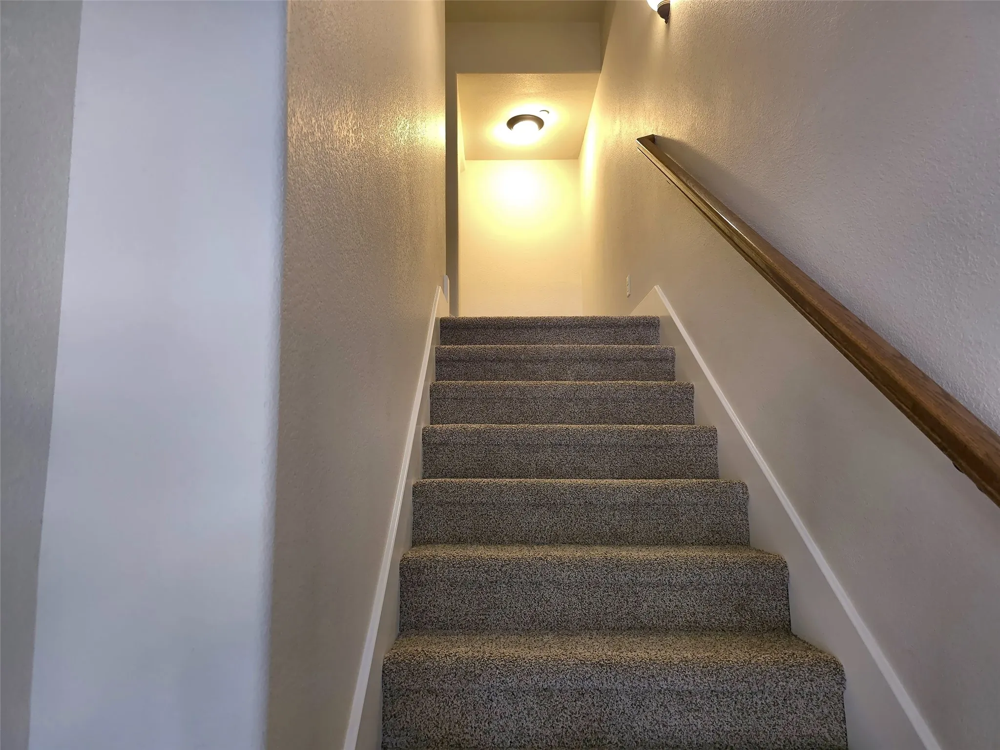 Carpeted staircase with a wood-finish handrail and integrated ceiling lighting
