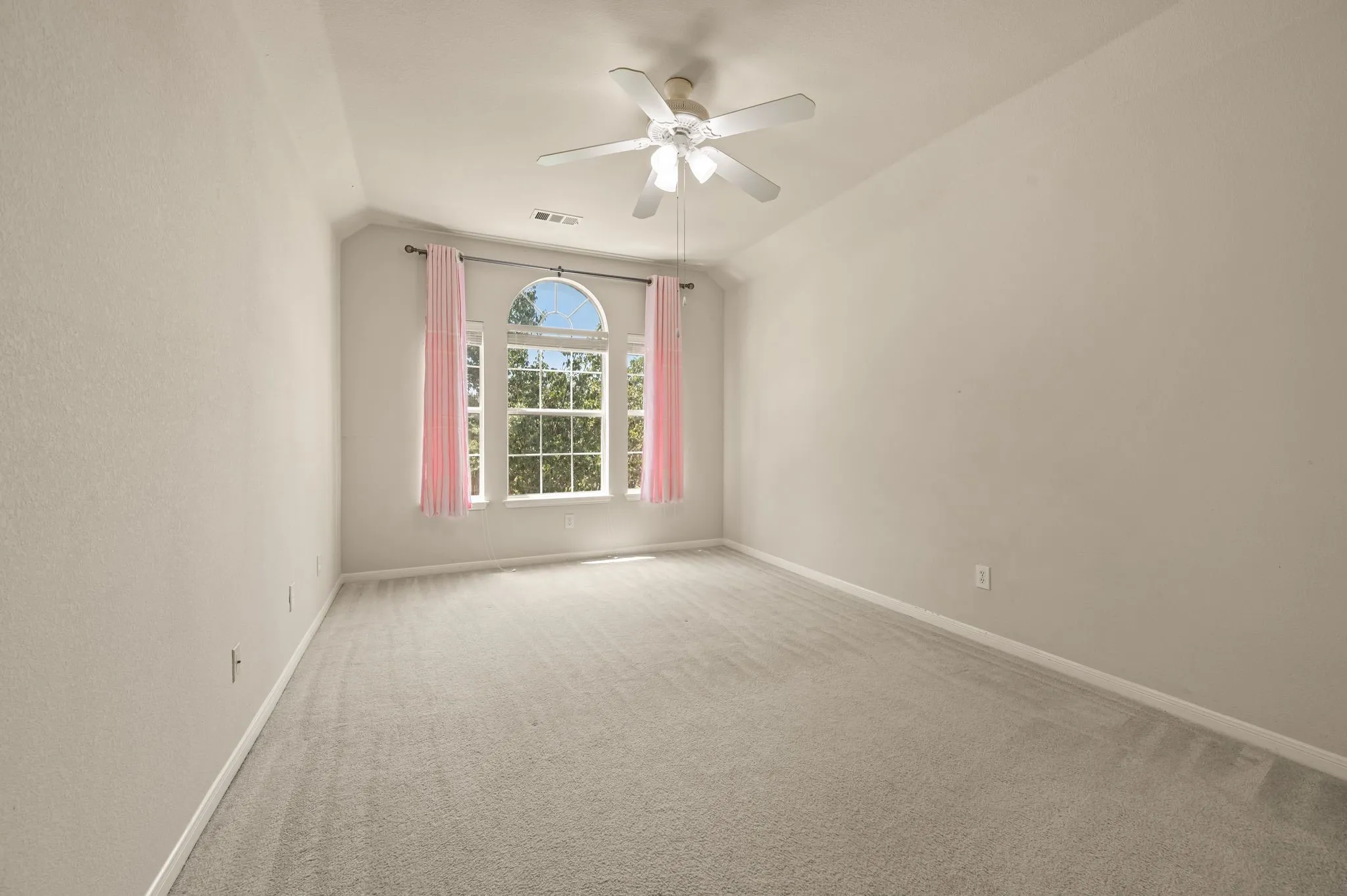 Arched window with gridded panes, ceiling fan light fixture, and neutral carpeting
