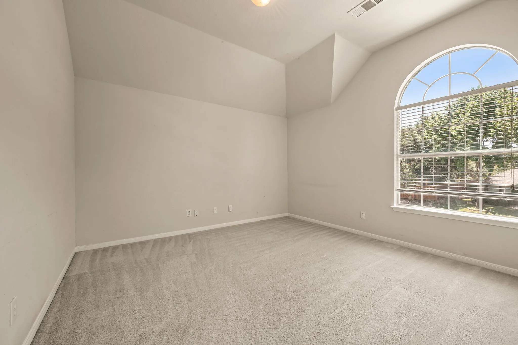 Vaulted ceiling room featuring light gray carpeting, neutral wall paint, and an arched window