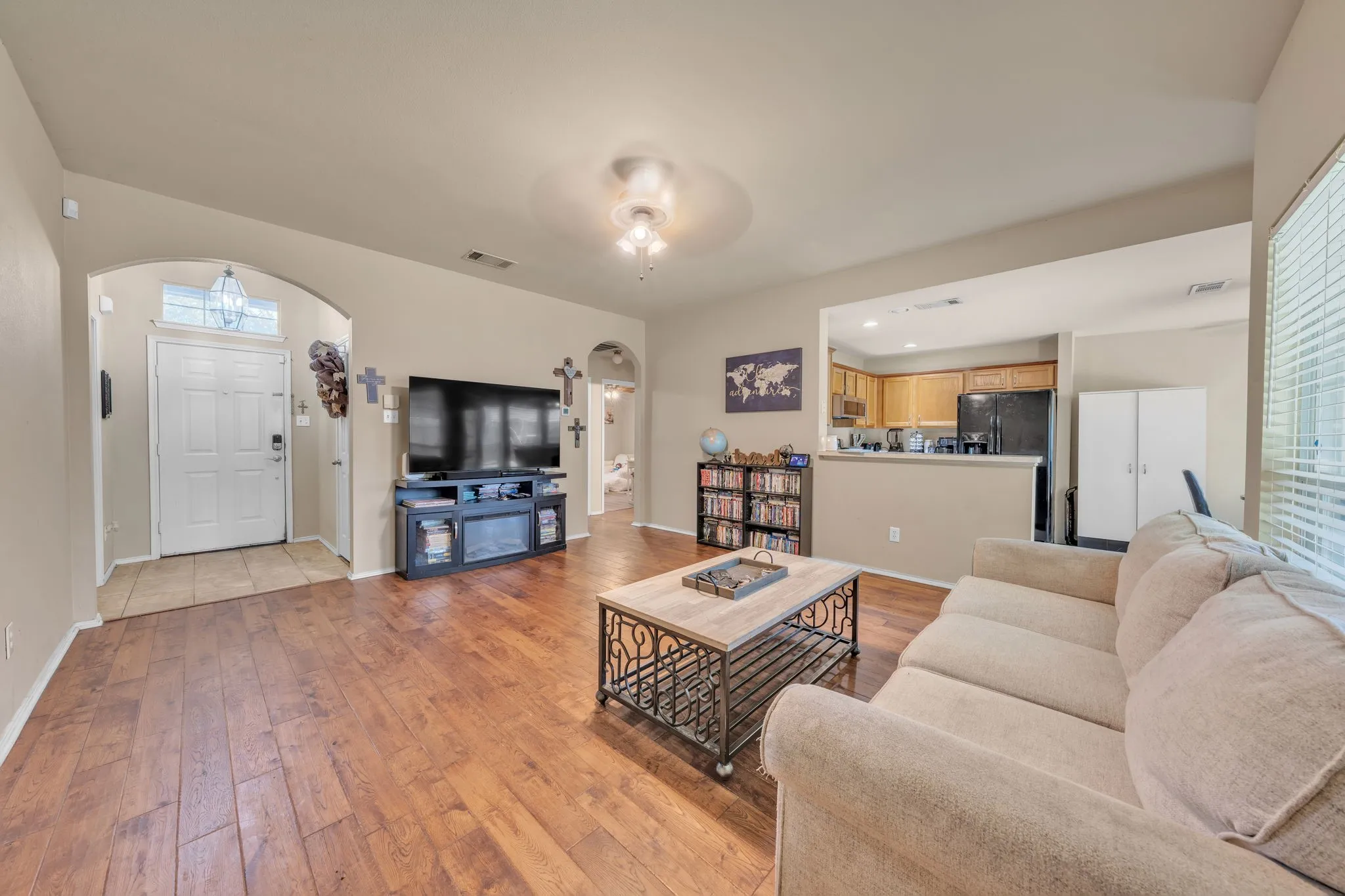 Wood-finish flooring throughout the main living area