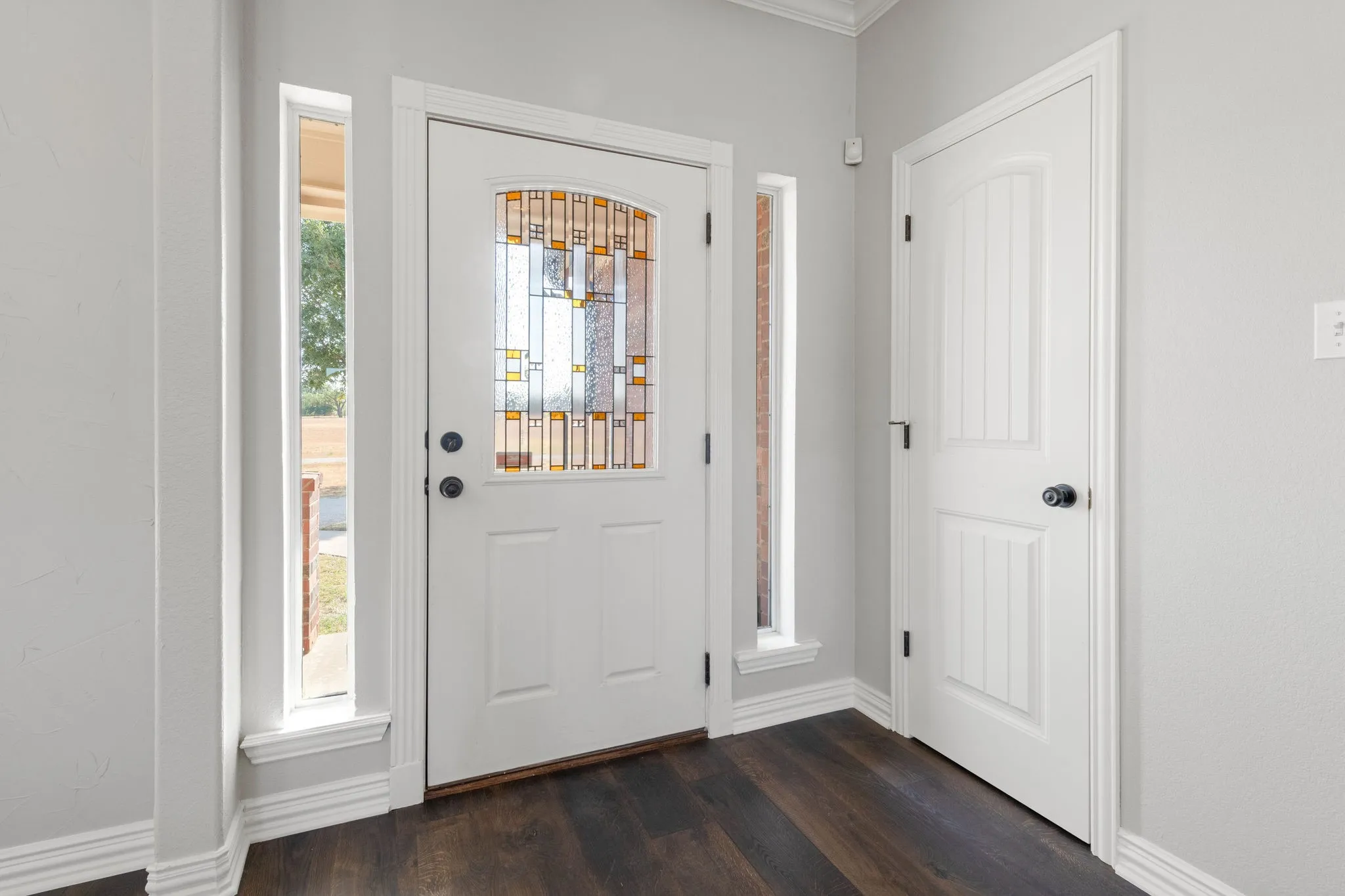 Entryway featuring dark wood-finish flooring, a white paneled door with decorative glass and side lights.
