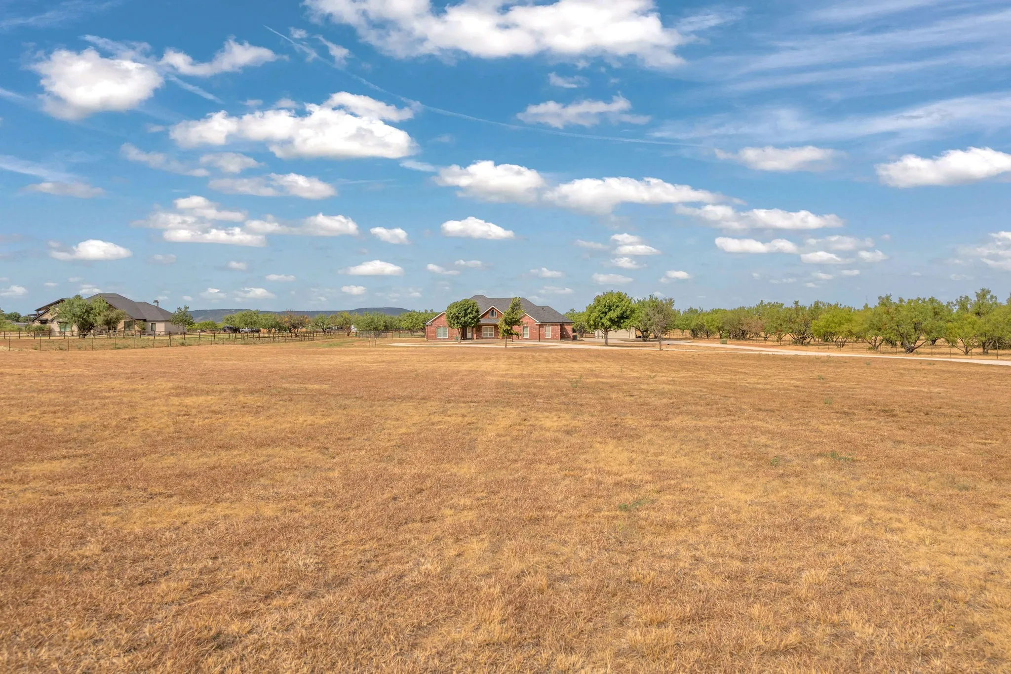 Front view of this expansive property with a distant brick residence and a line of mature trees.