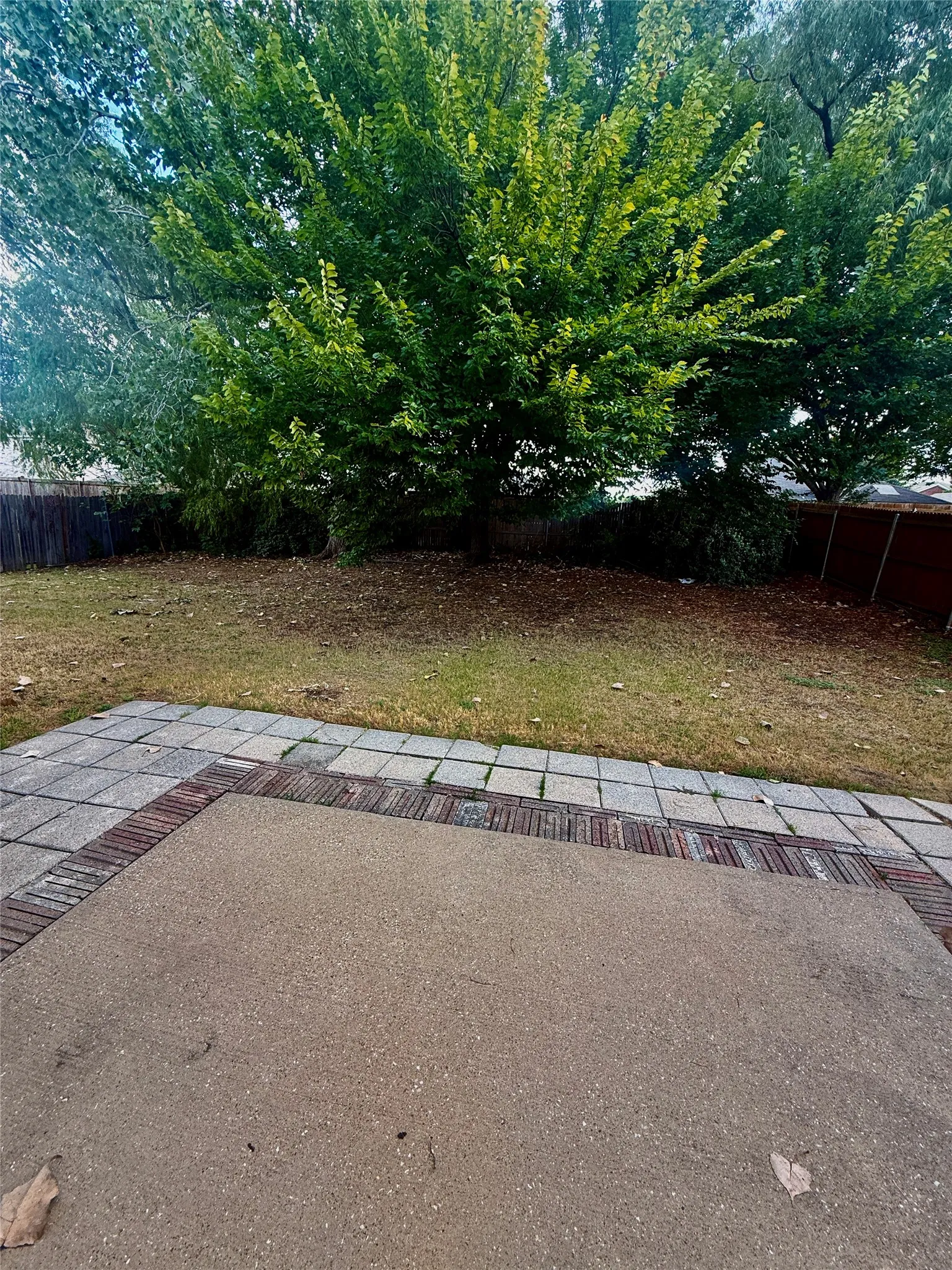 Concrete patio with a brick border, paver stone surround, and mature landscaping