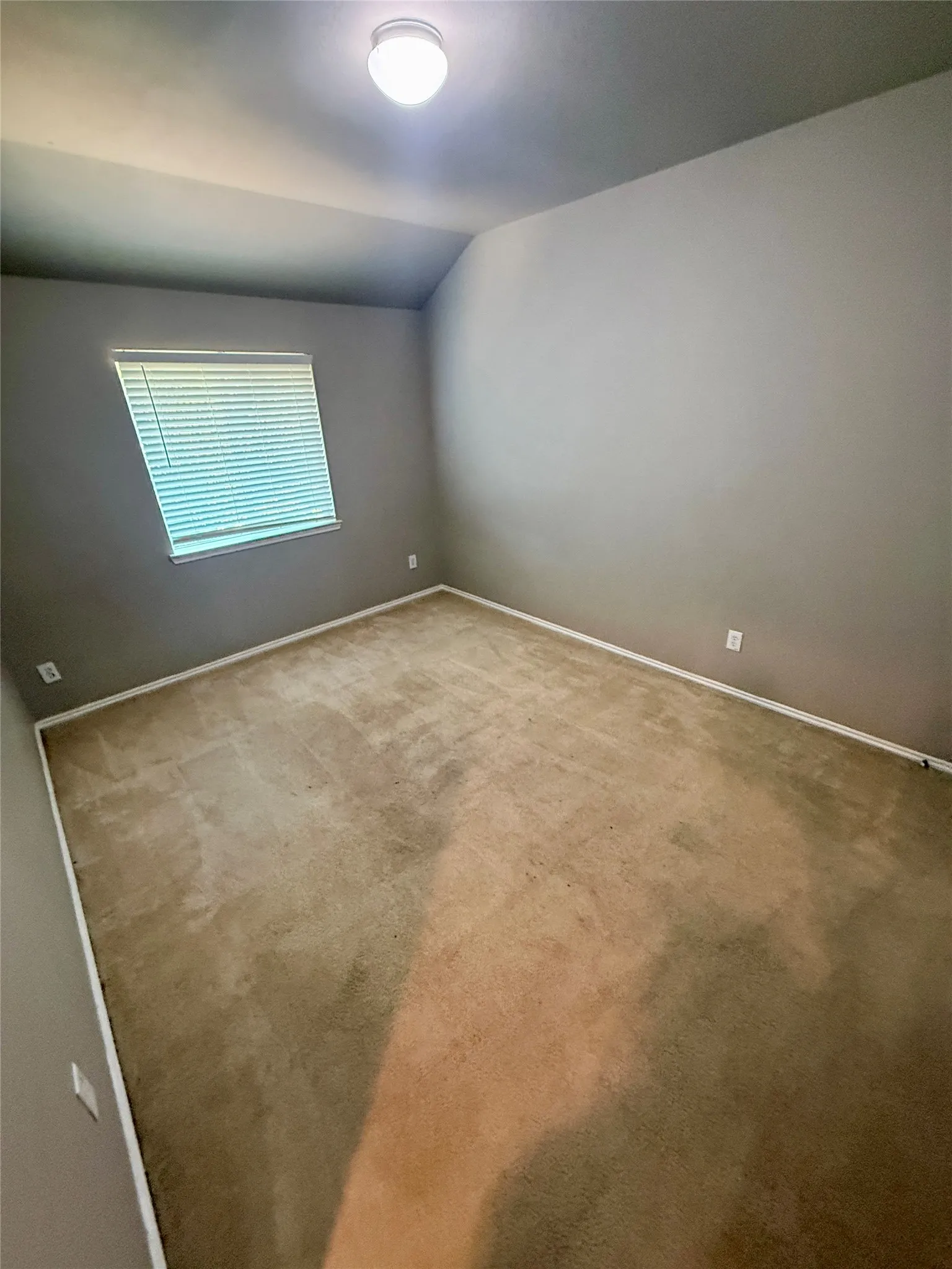 Carpeted room featuring a window with horizontal blinds and a ceiling-mounted light fixture