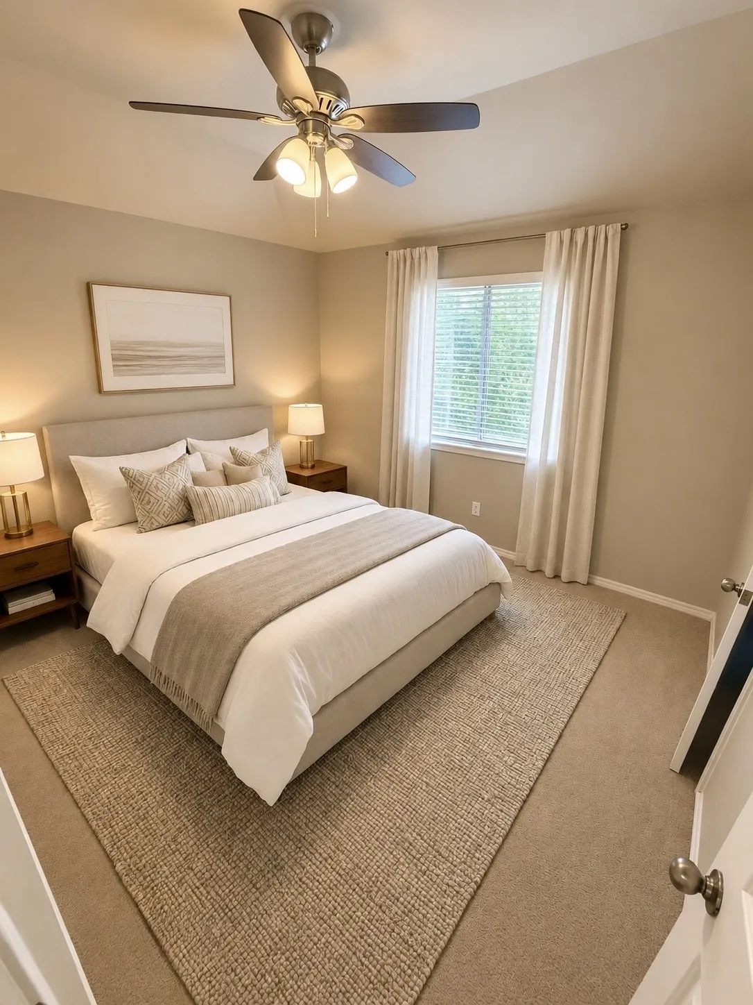 Wall-to-wall carpeting with a layered area rug, window with blinds and drapes, and a ceiling fan with integrated lighting