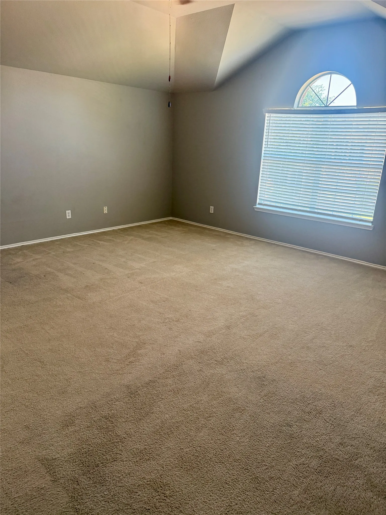 Carpeted room featuring vaulted ceilings, a ceiling fan, and a window with an arched transom