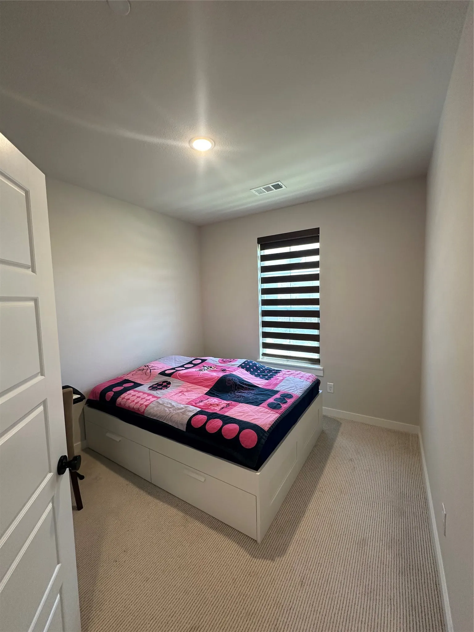Recessed ceiling lighting, textured carpet flooring, window with blinds, panel interior door
