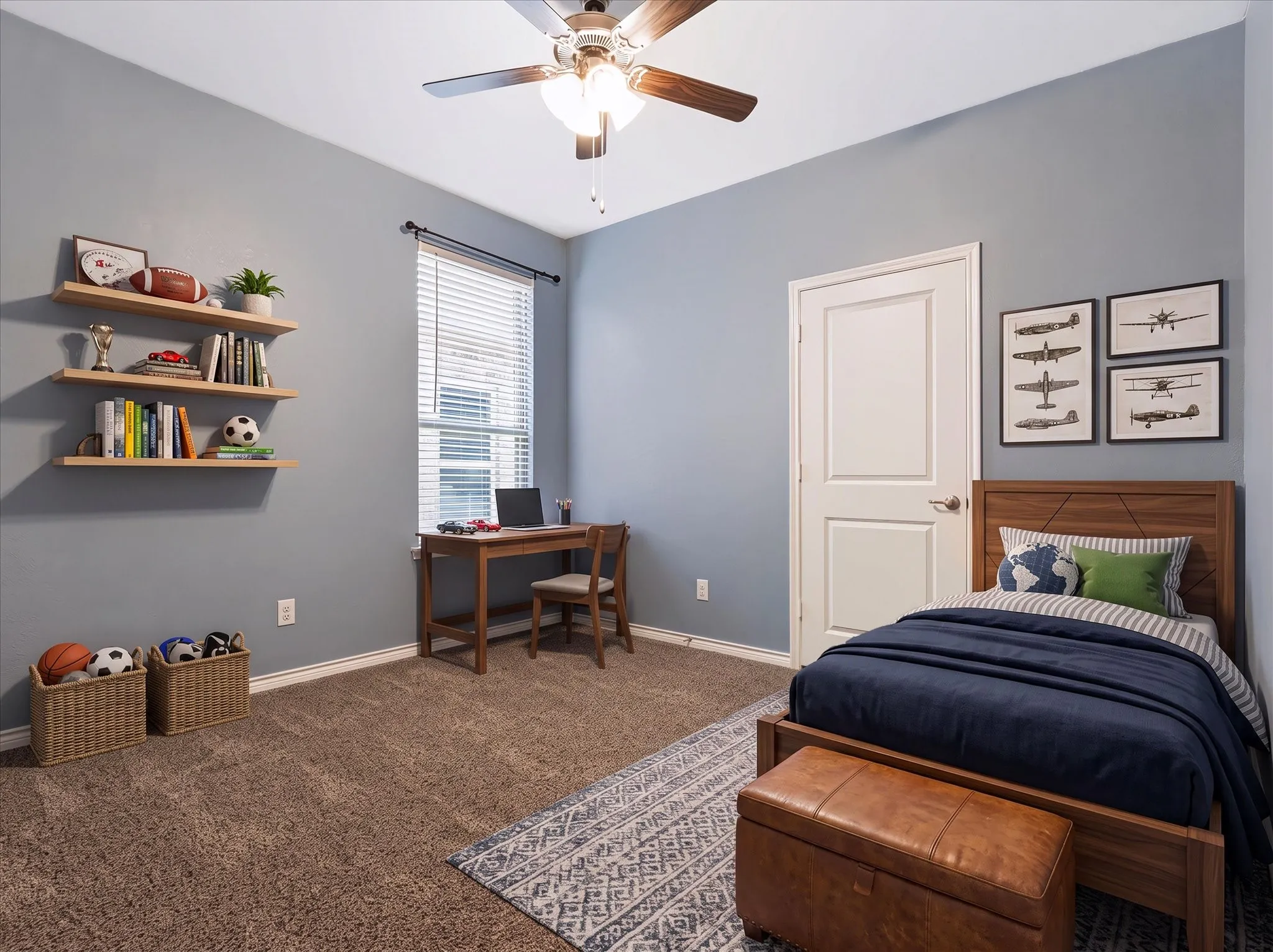 Recessed window with horizontal blinds, three floating wall shelves, built-in ceiling fan with light fixture, light brown carpet flooring, and a white interior door