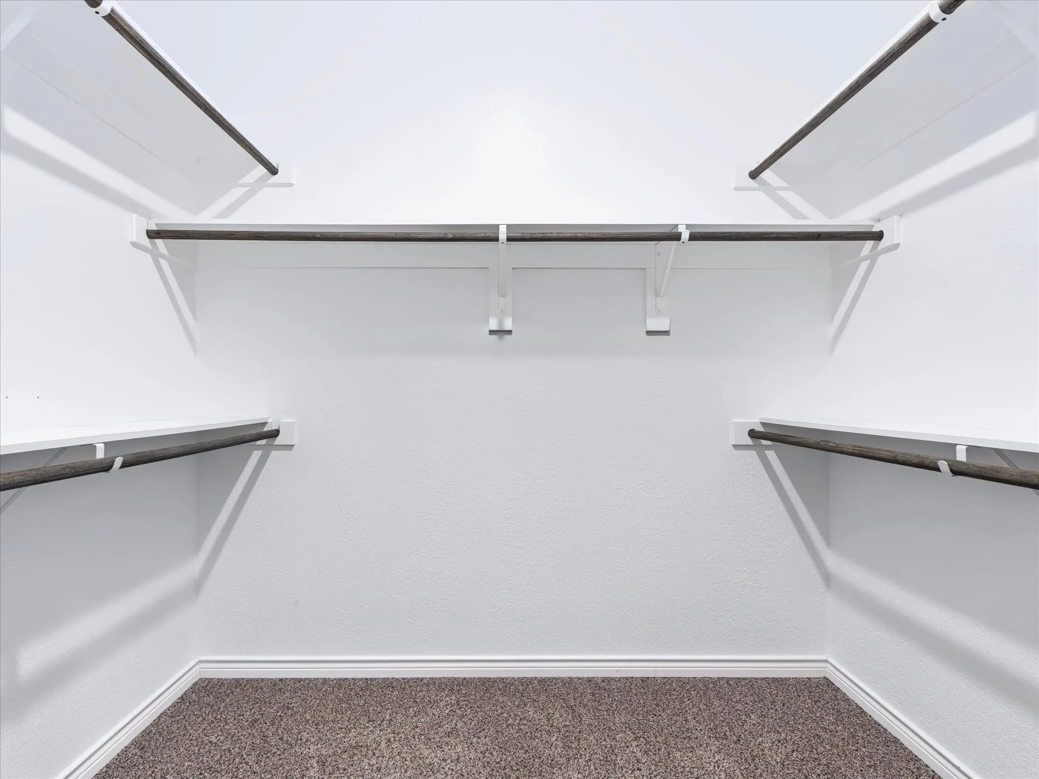 Walk-in closet featuring white painted walls, multiple shelving units, and carpet flooring