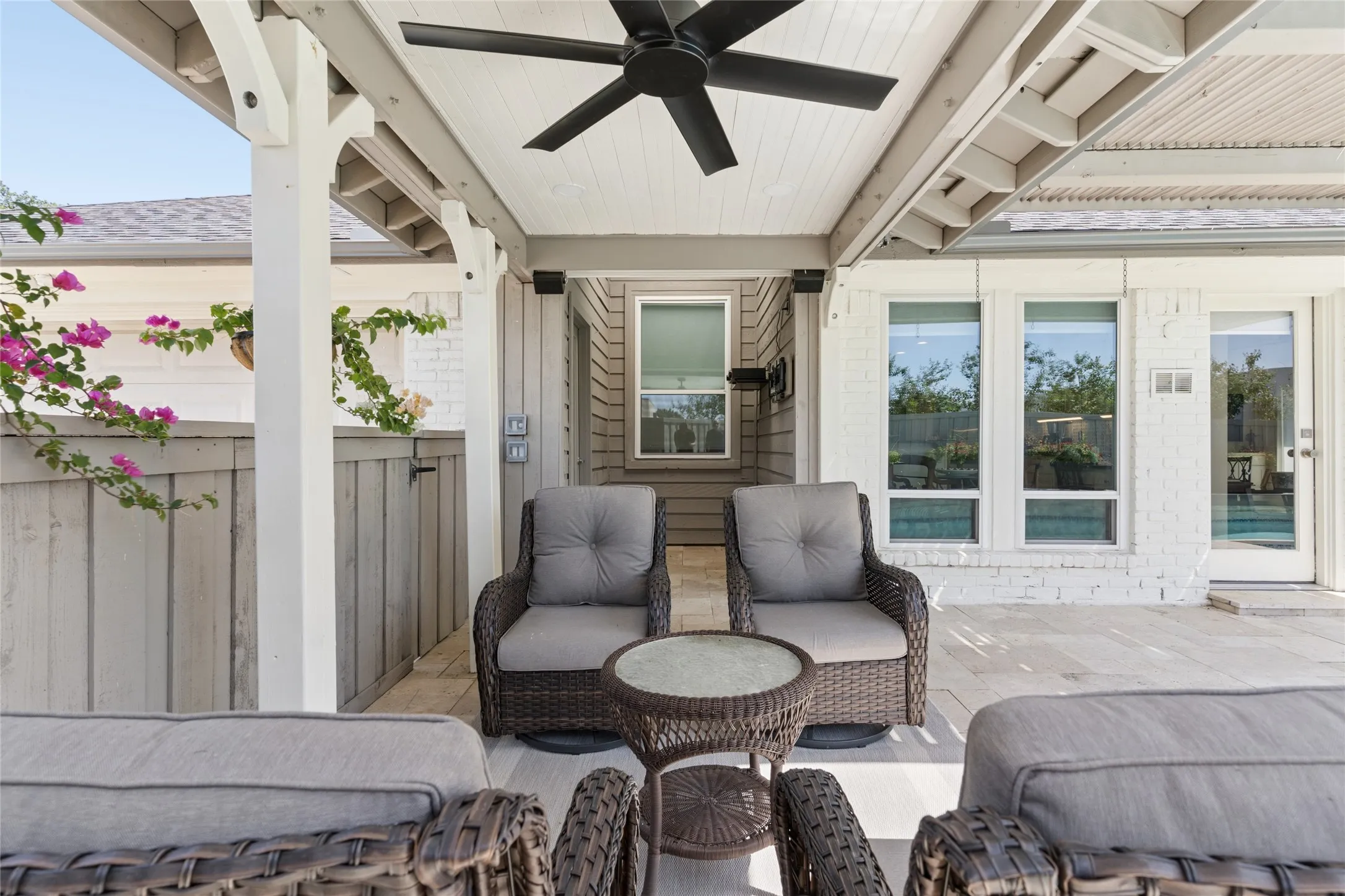 Redwood crafted covered porch, looking towards the large weather-proof storage