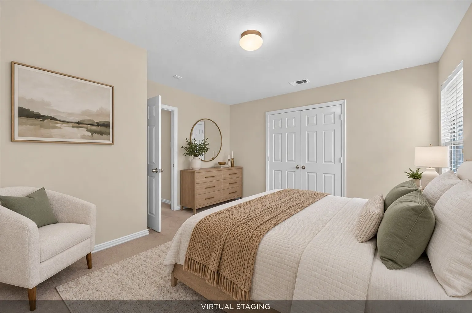 The back secondary bedroom offers peaceful views of the tree-lined greenbelt, providing added privacy and plenty of natural shade.