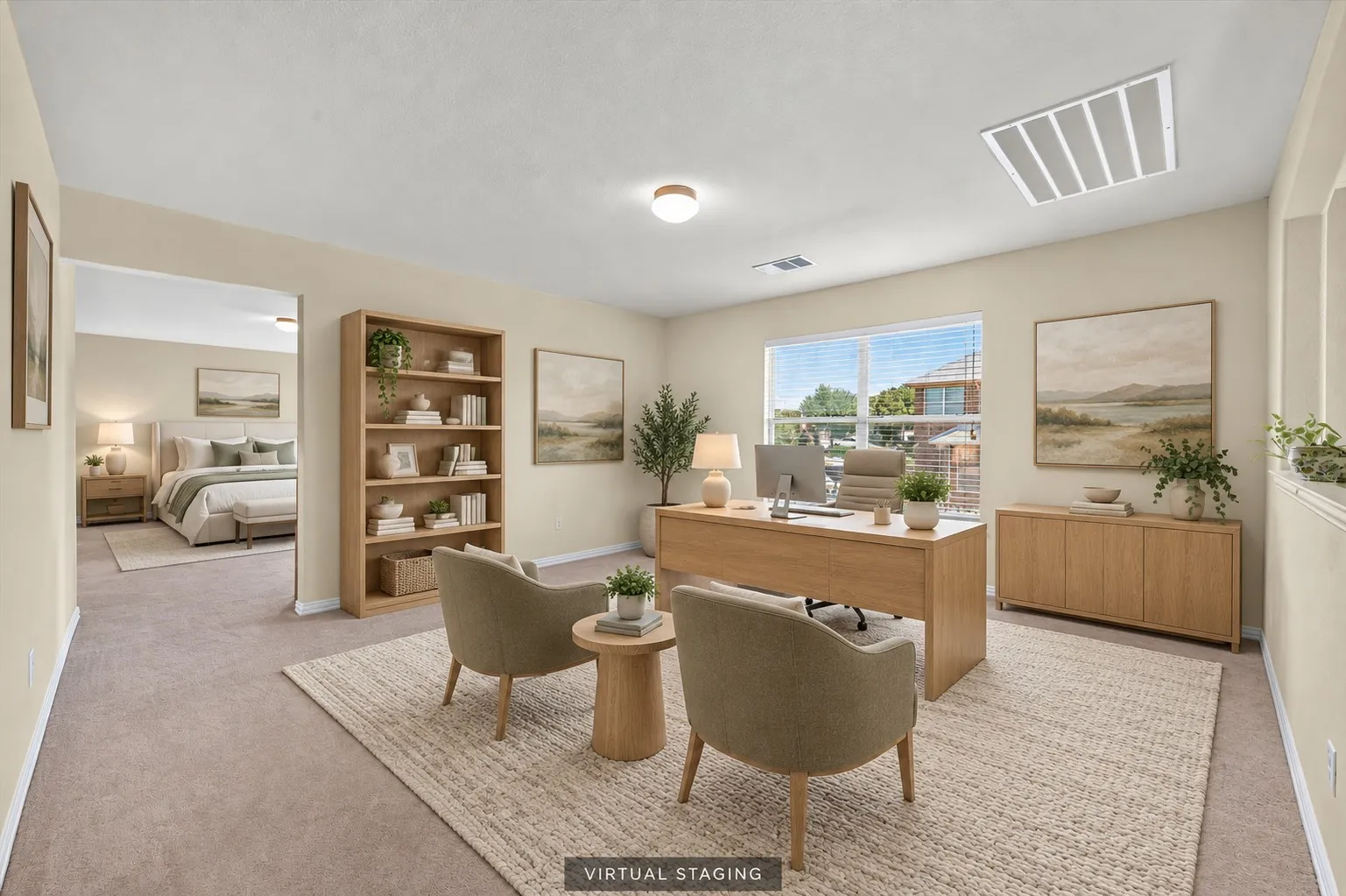 Carpeted upstairs game room with neutral tones overlooks the living room below and opens to the oversized flex room, currently being used as a 4th bedroom.