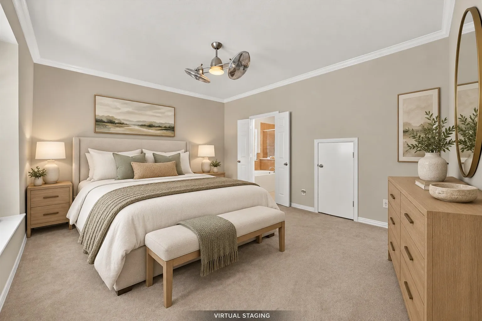 Built-in soaking tub, glass-enclosed shower, tiled flooring, tiled surround, and an opaque window with blinds