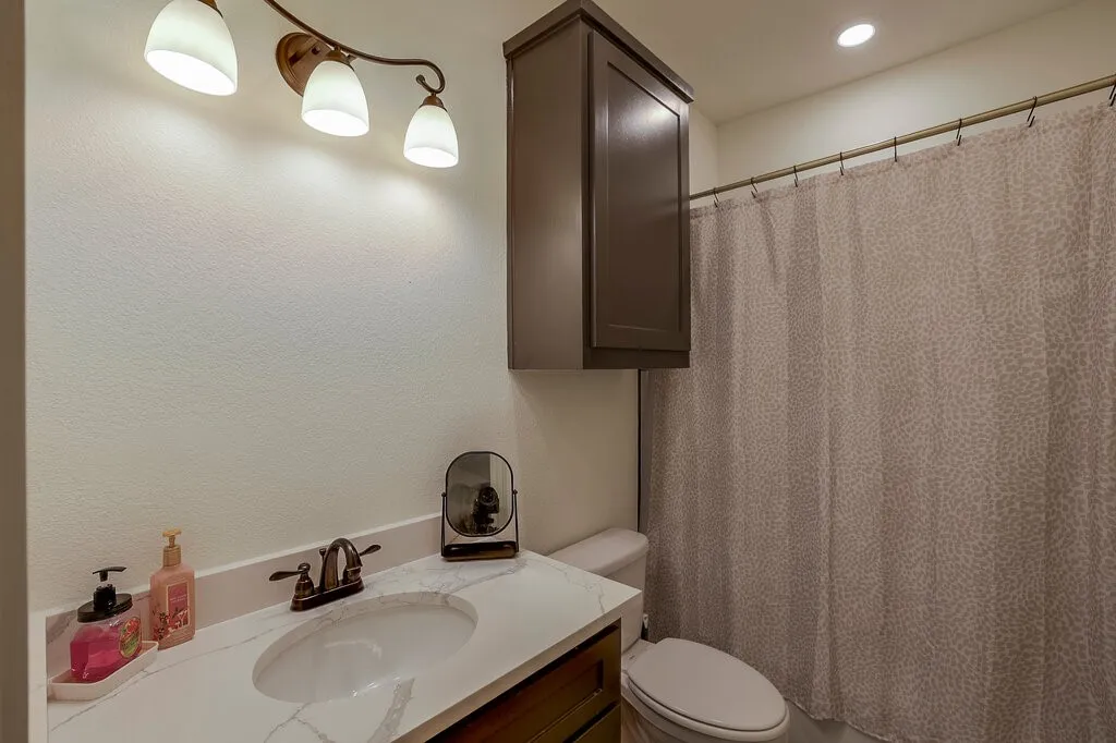 Vanity with undermount sink and stone countertop, bronze-finish faucet, overhead lighting fixture, and recessed ceiling lighting