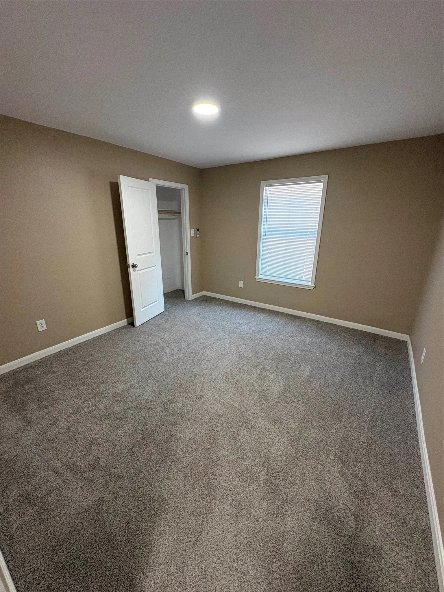 Recessed ceiling lighting, neutral-toned walls, gray carpeting, white trim, and a white interior door