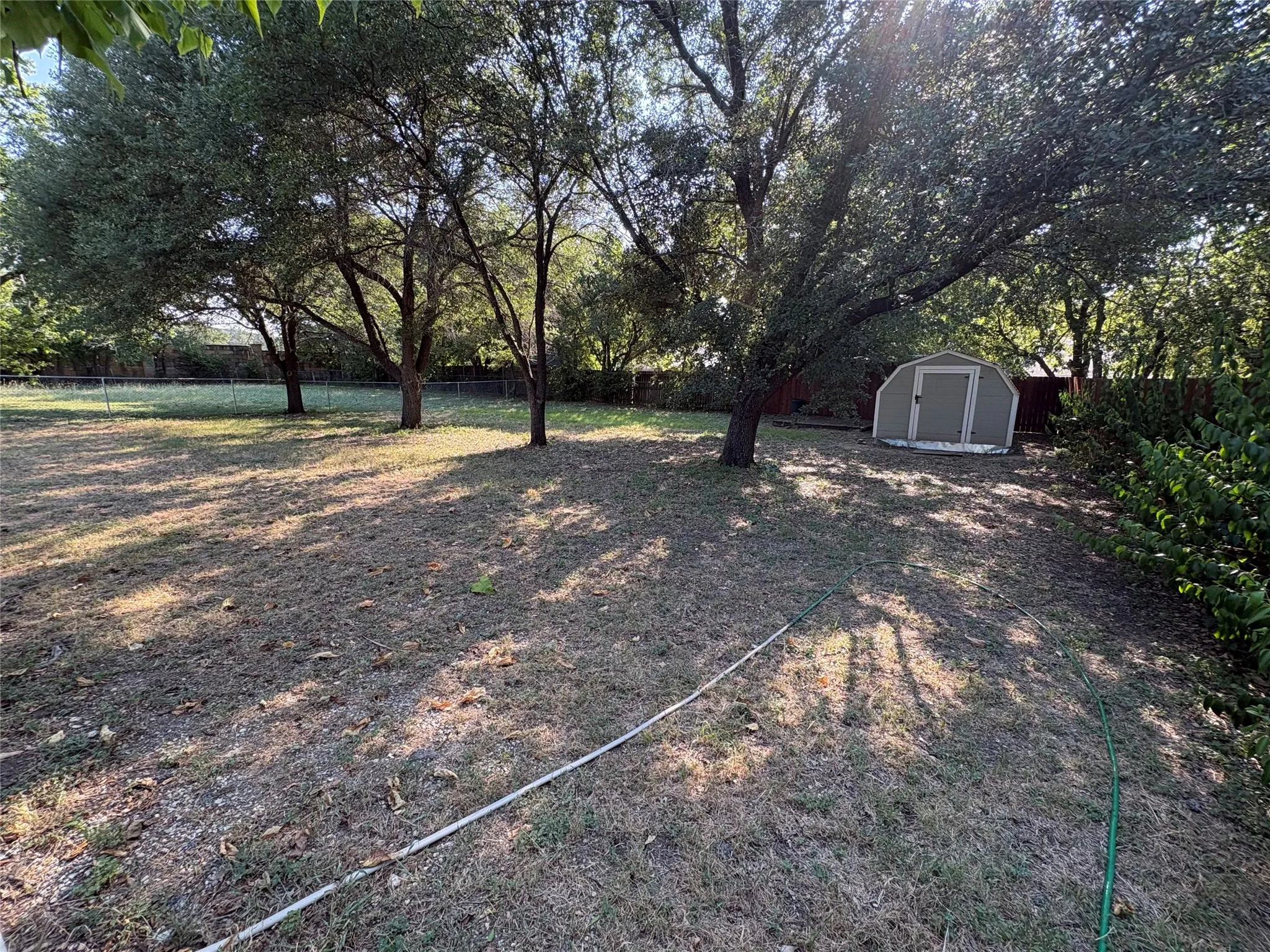 Expansive backyard featuring mature trees, a chain-link fence, and a utility shed with a gambrel-style roof