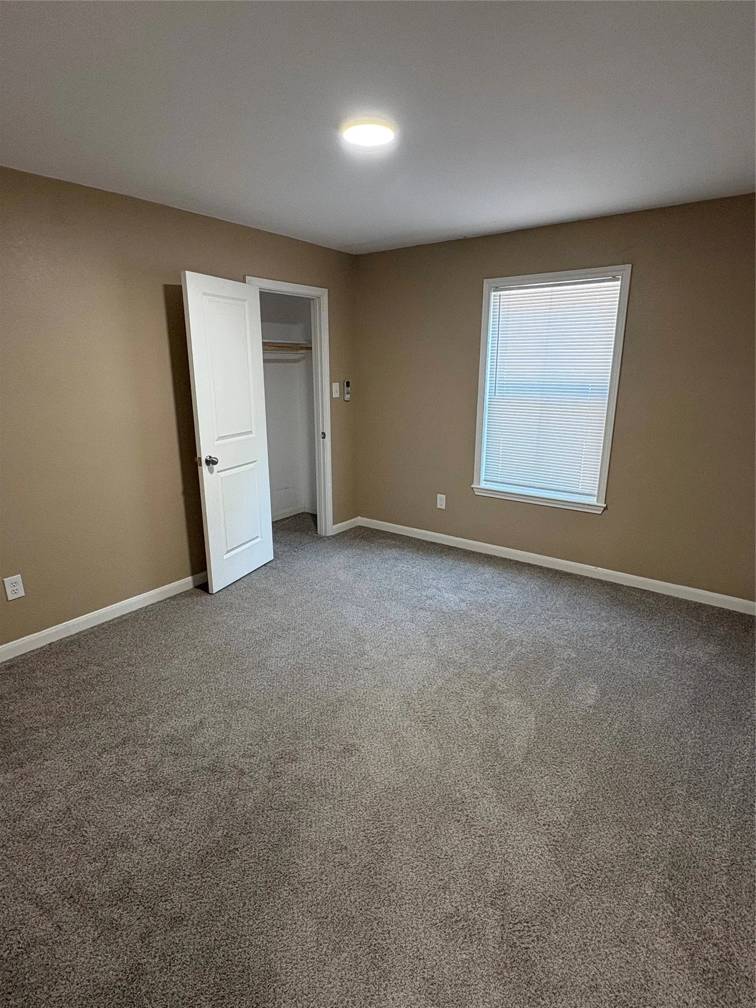 Neutral-toned walls, gray carpet flooring, white trim, and a window with blinds