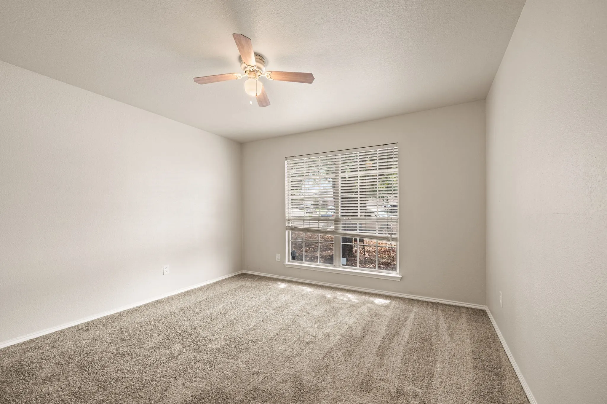Neutral wall tones, ceiling fan with light fixture, window with horizontal blinds, and carpeting