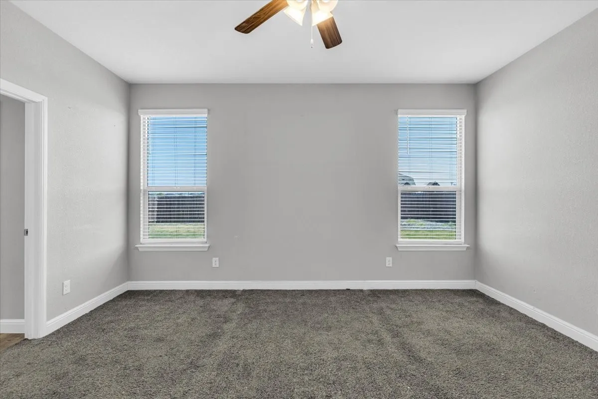 Neutral wall finishes, two windows with blinds, ceiling fan with light fixture, and dark gray carpeting