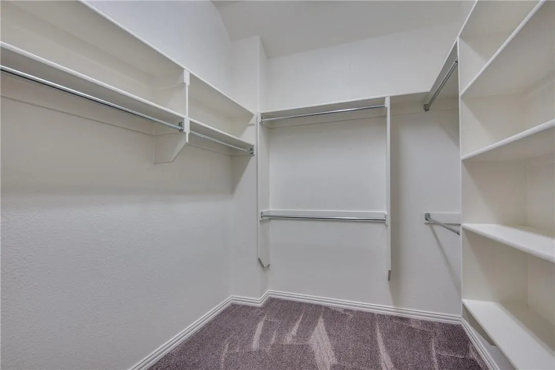 Walk-in closet featuring white built-in shelving, multiple hanging rods, and carpet flooring