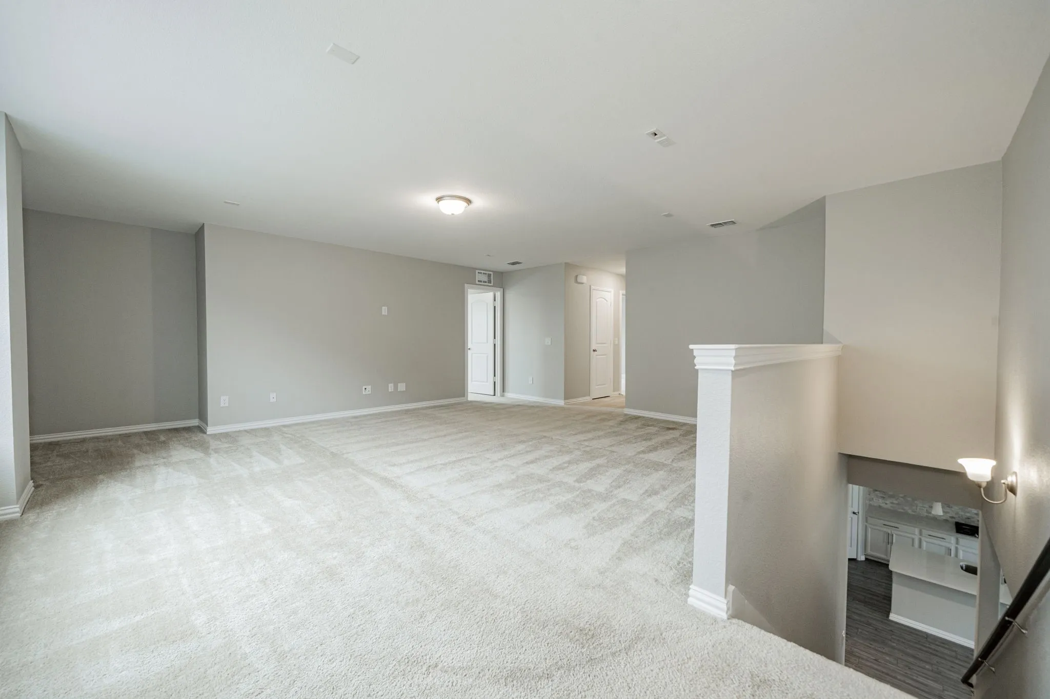 Expansive carpeted area with neutral wall tones and a ceiling-mounted light fixture