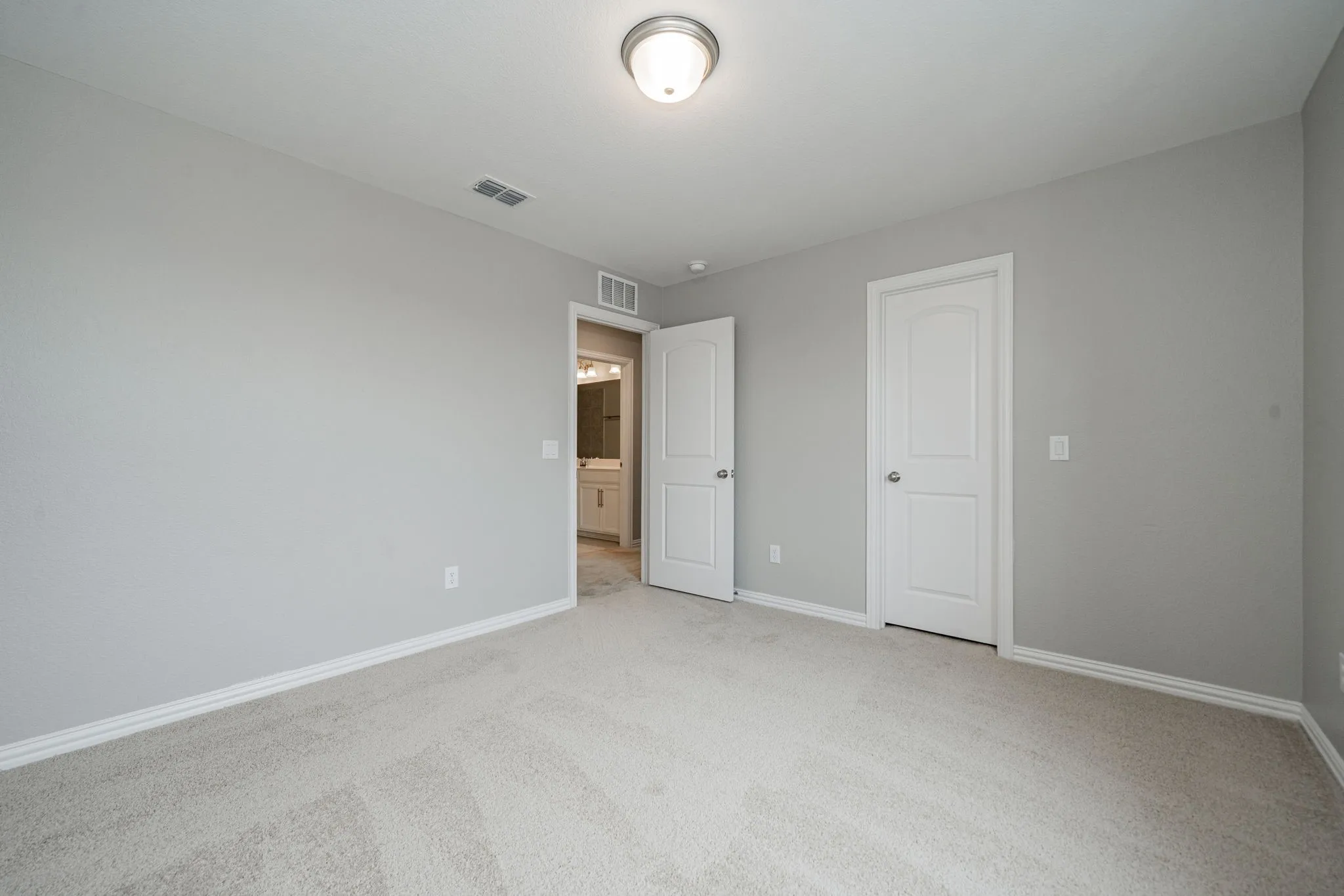 Spacious bedroom featuring neutral wall finishes, carpet flooring, and two white panel doors providing access to adjoining spaces