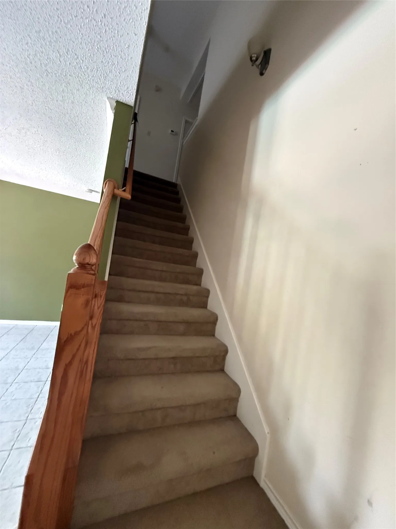 Carpeted staircase with a wood-finish handrail and integrated wall sconce