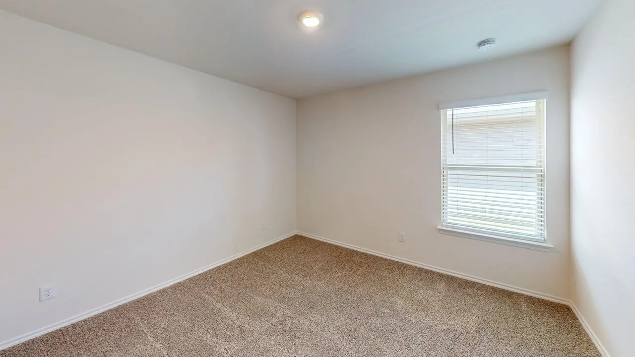 Neutral wall paint, textured carpeting, recessed ceiling lighting, and a single window with blinds