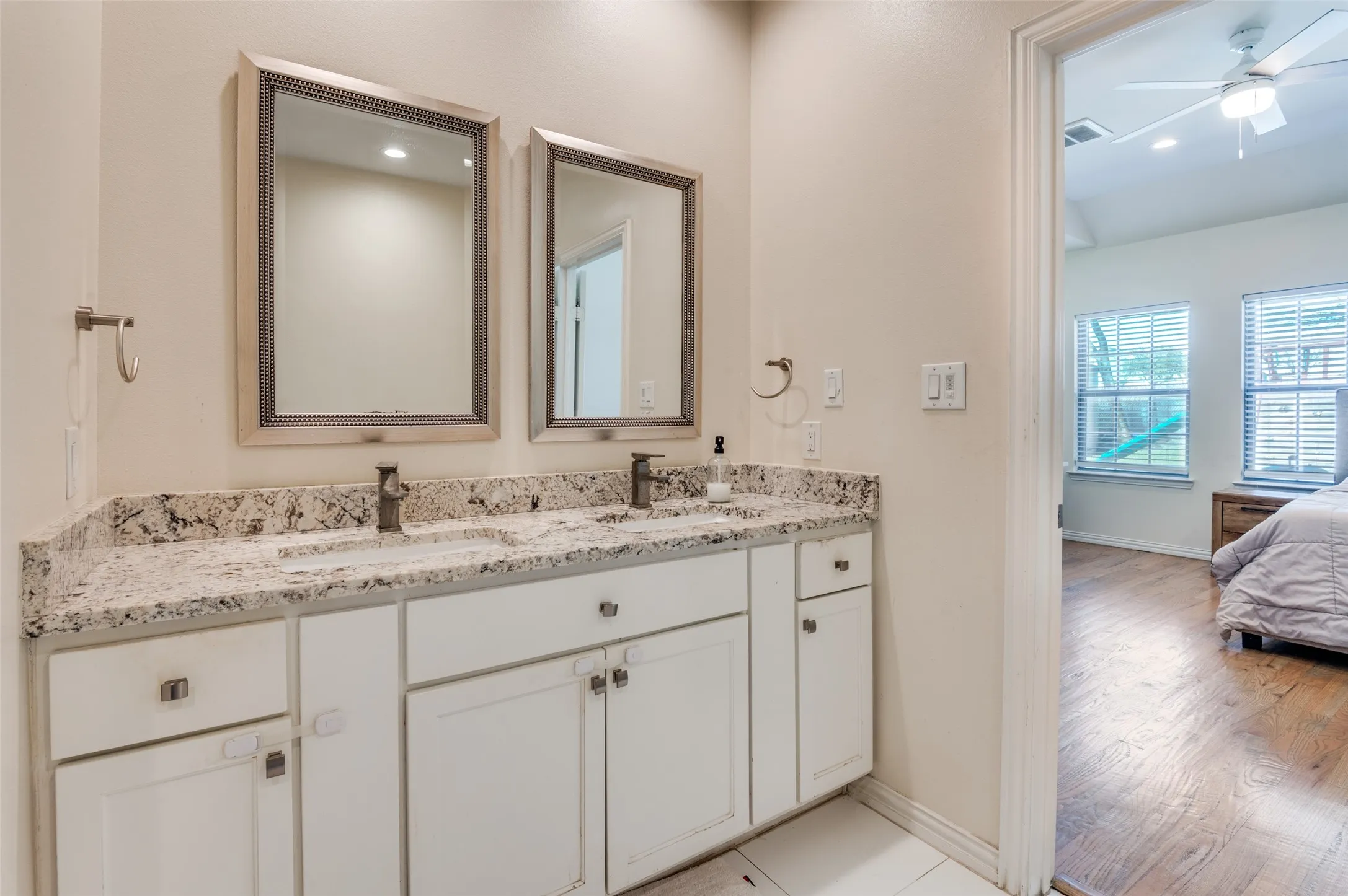Plenty of space to get ready, lots of cabinetry.