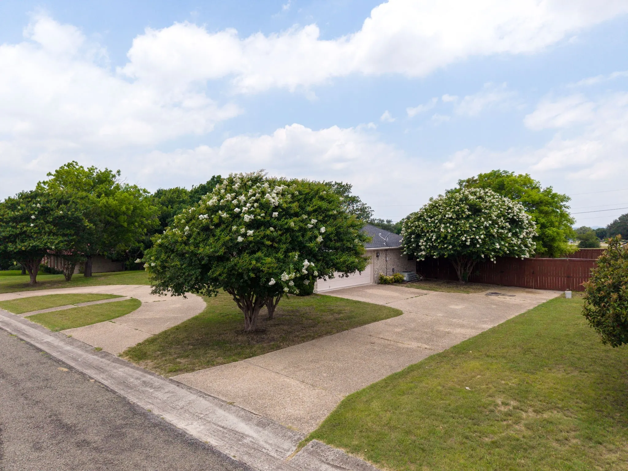 Concrete driveway with a separate parking pad, established lawn, and mature trees