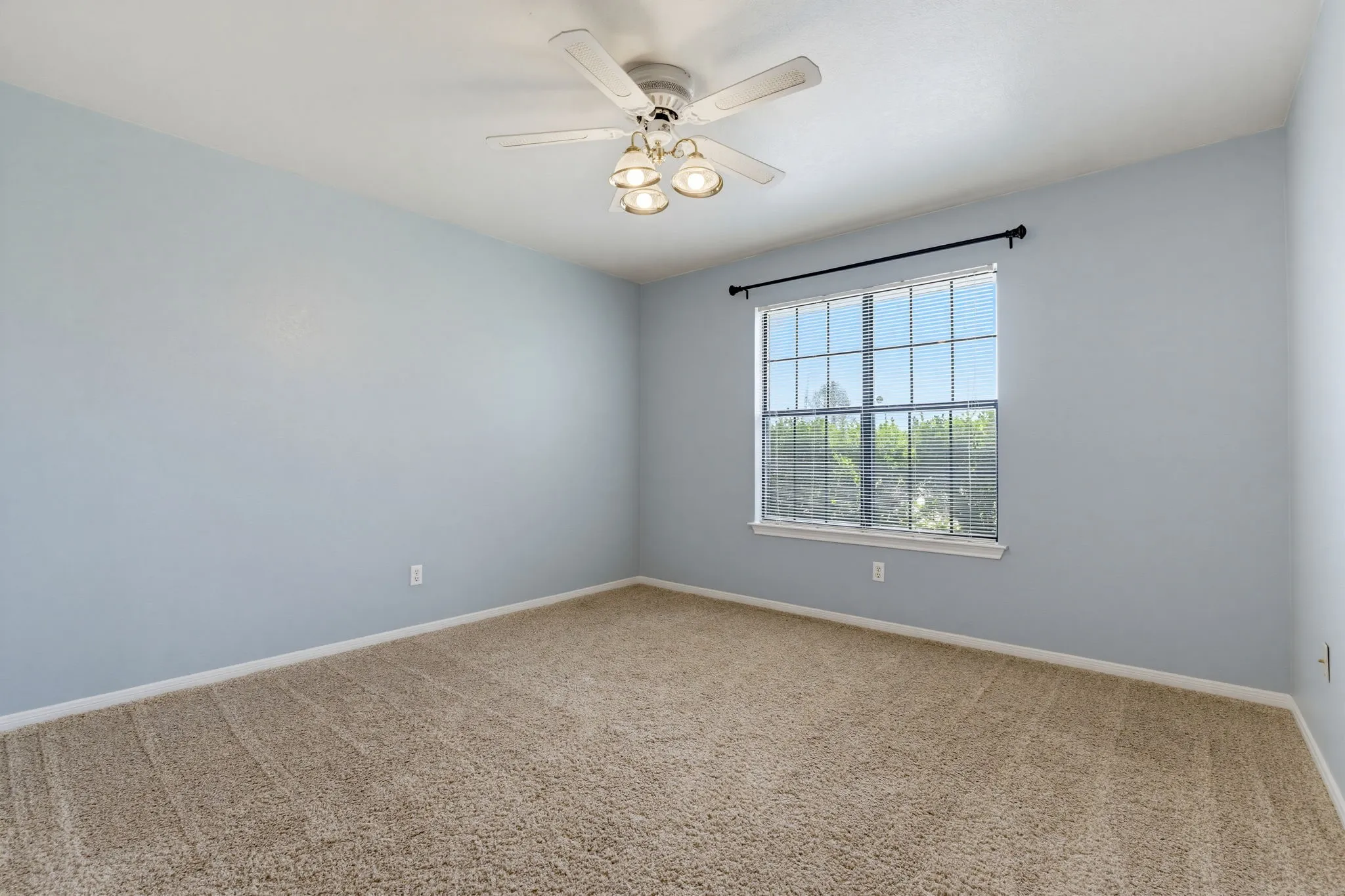 Light blue walls with carpeted flooring, a ceiling fan with integrated lighting, and a large window with white trim