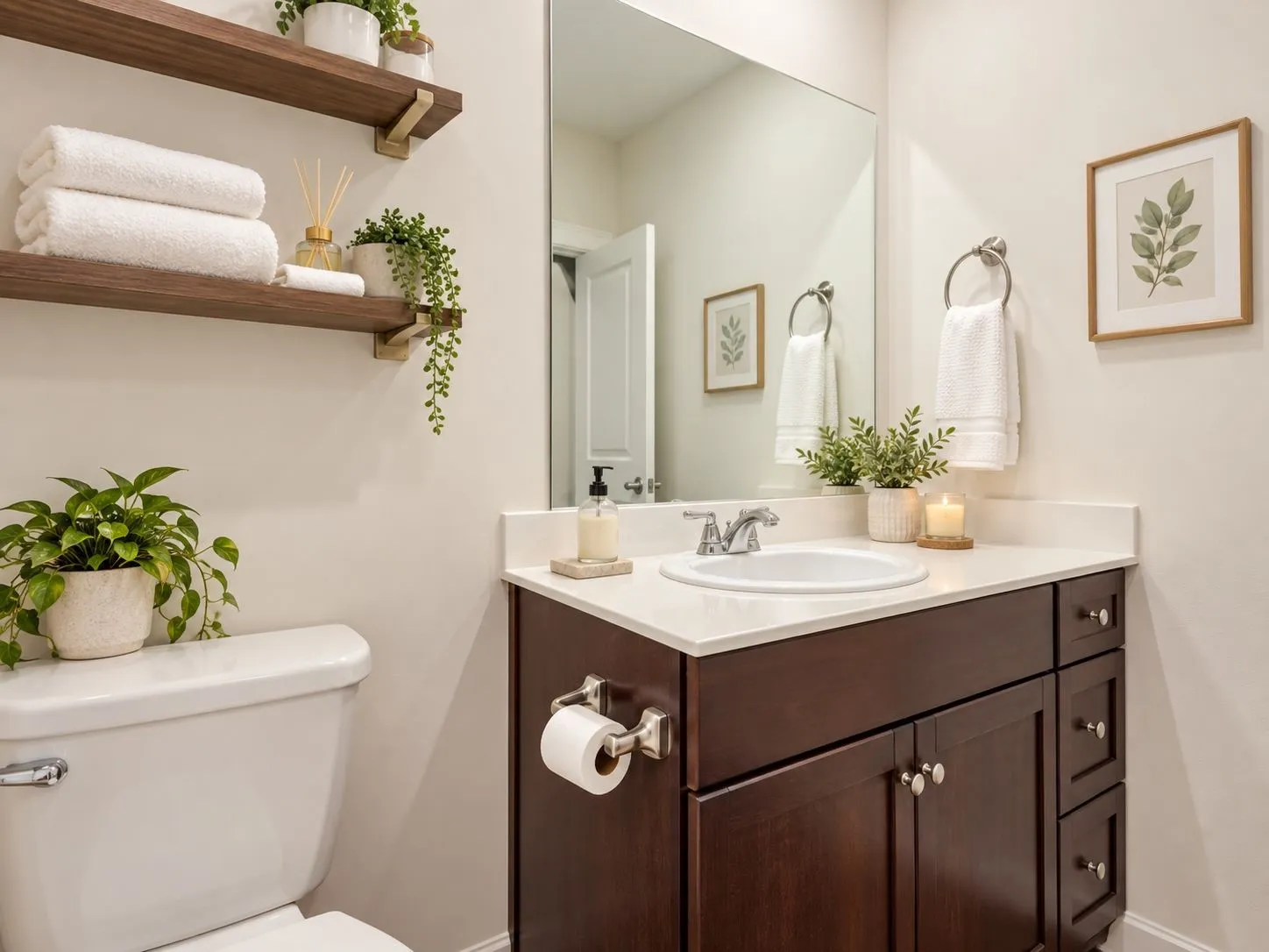 Integrated vanity with a white countertop dark wood-finish cabinetry. Virtually Staged.